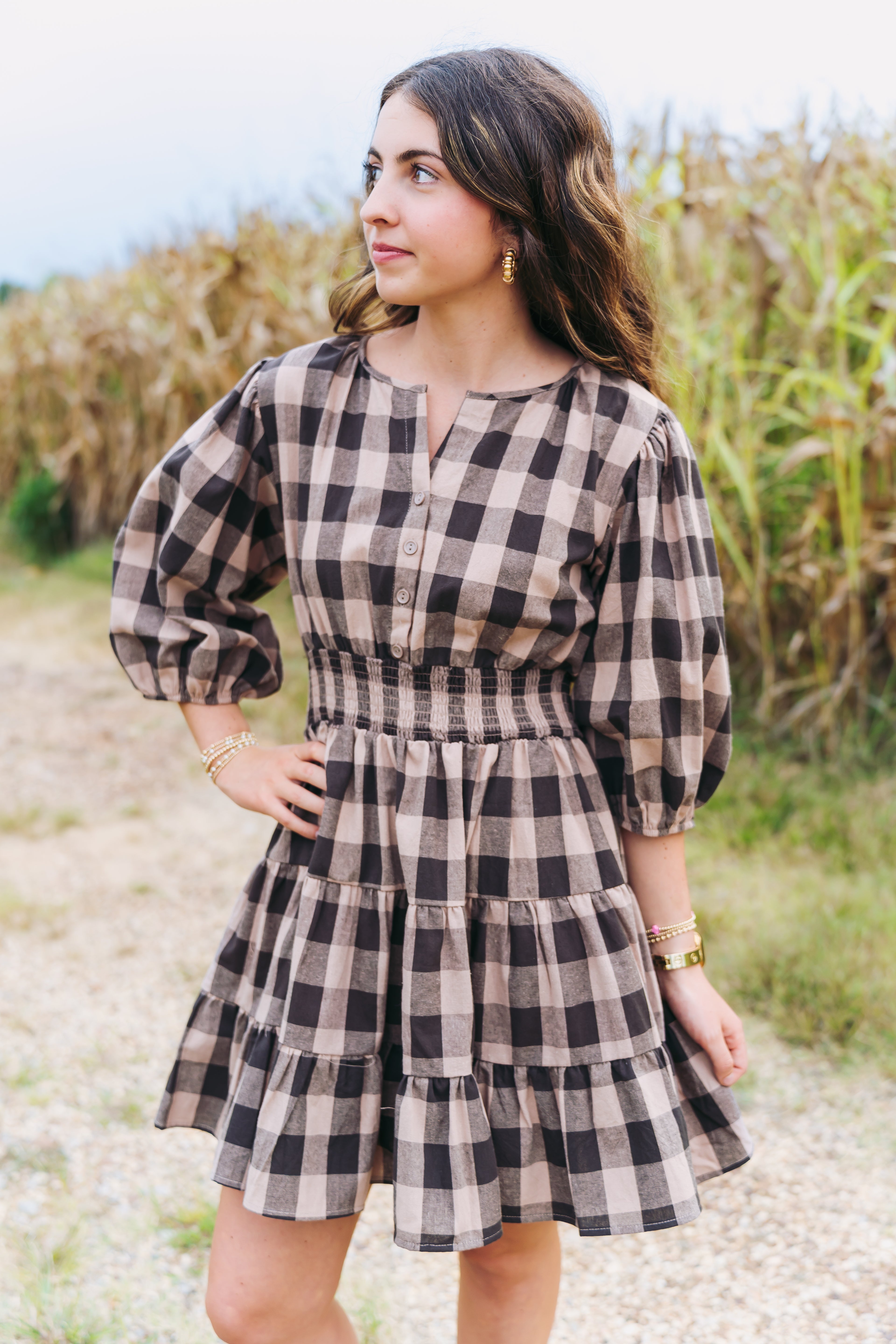 Black and Taupe Plaid Dress