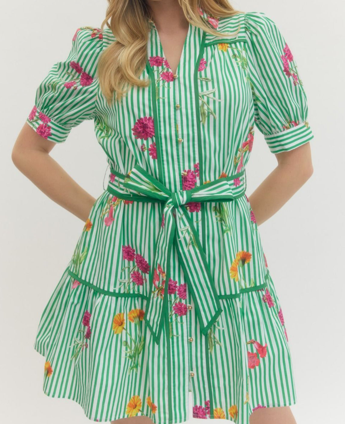 Green Floral Waist Tie Dress