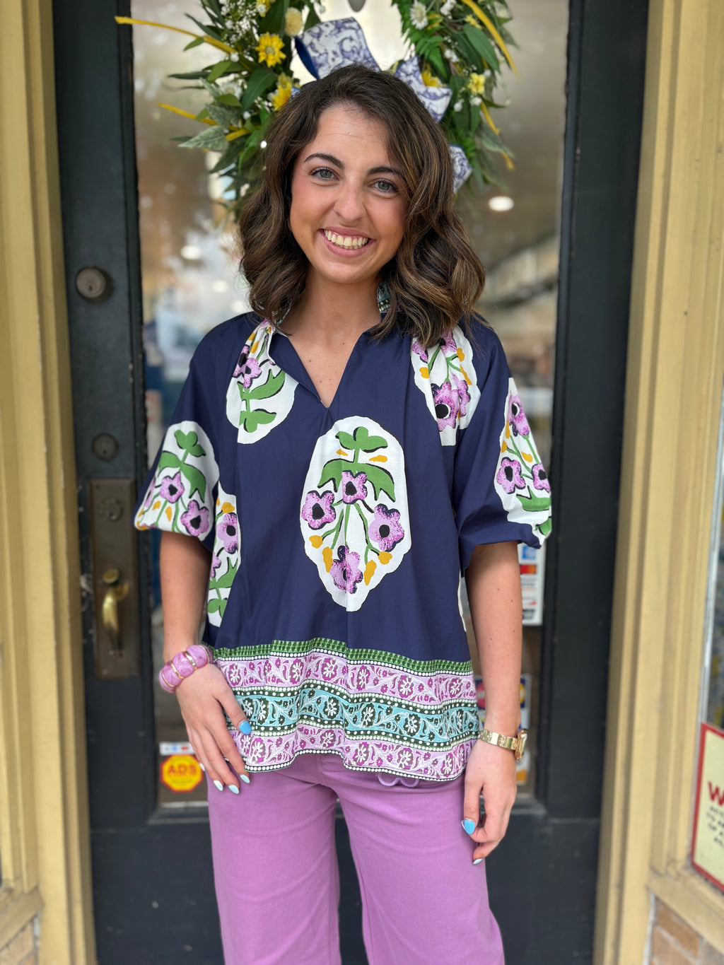 Navy Boho Floral Blouse