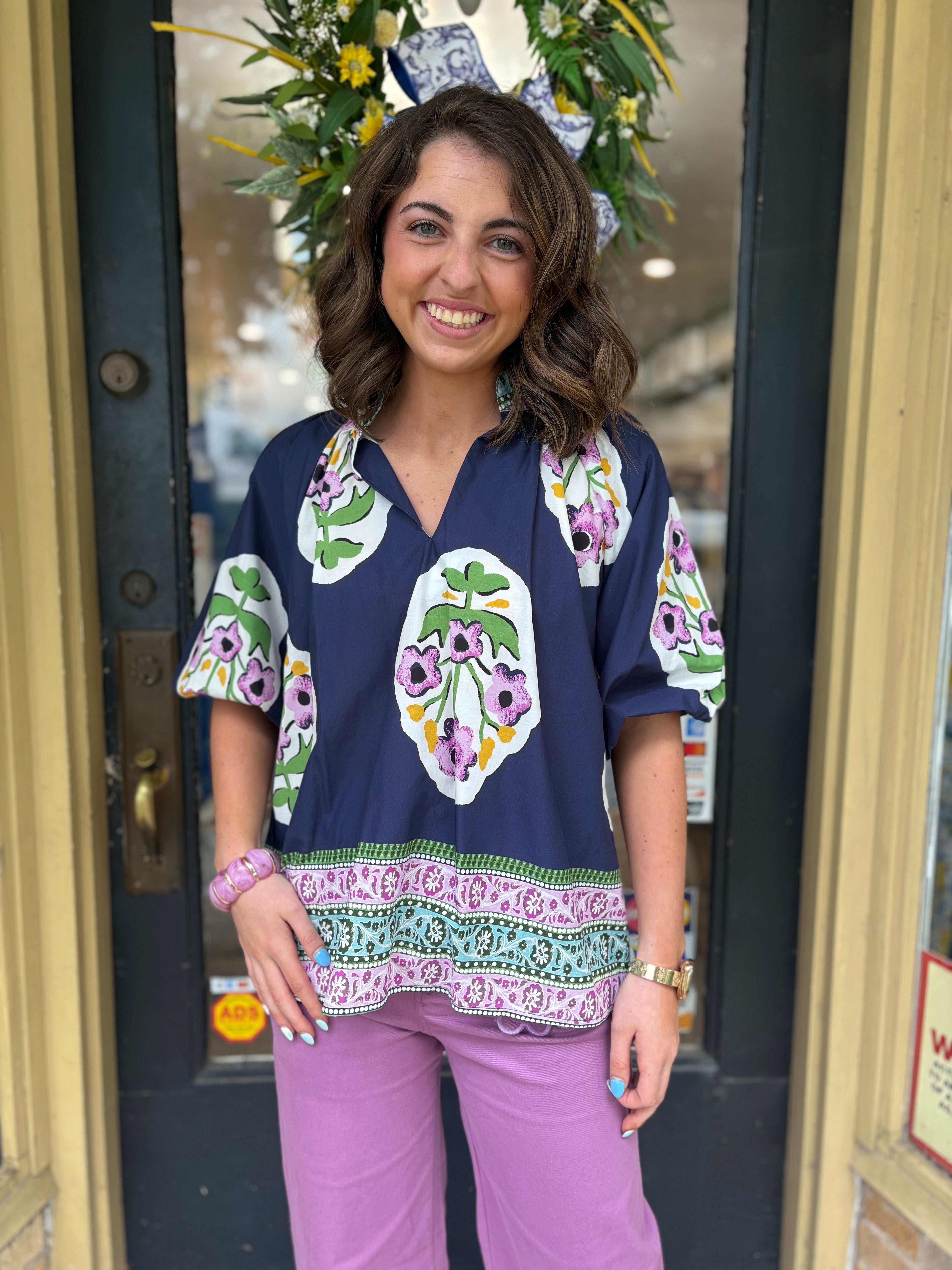 Navy Boho Floral Blouse