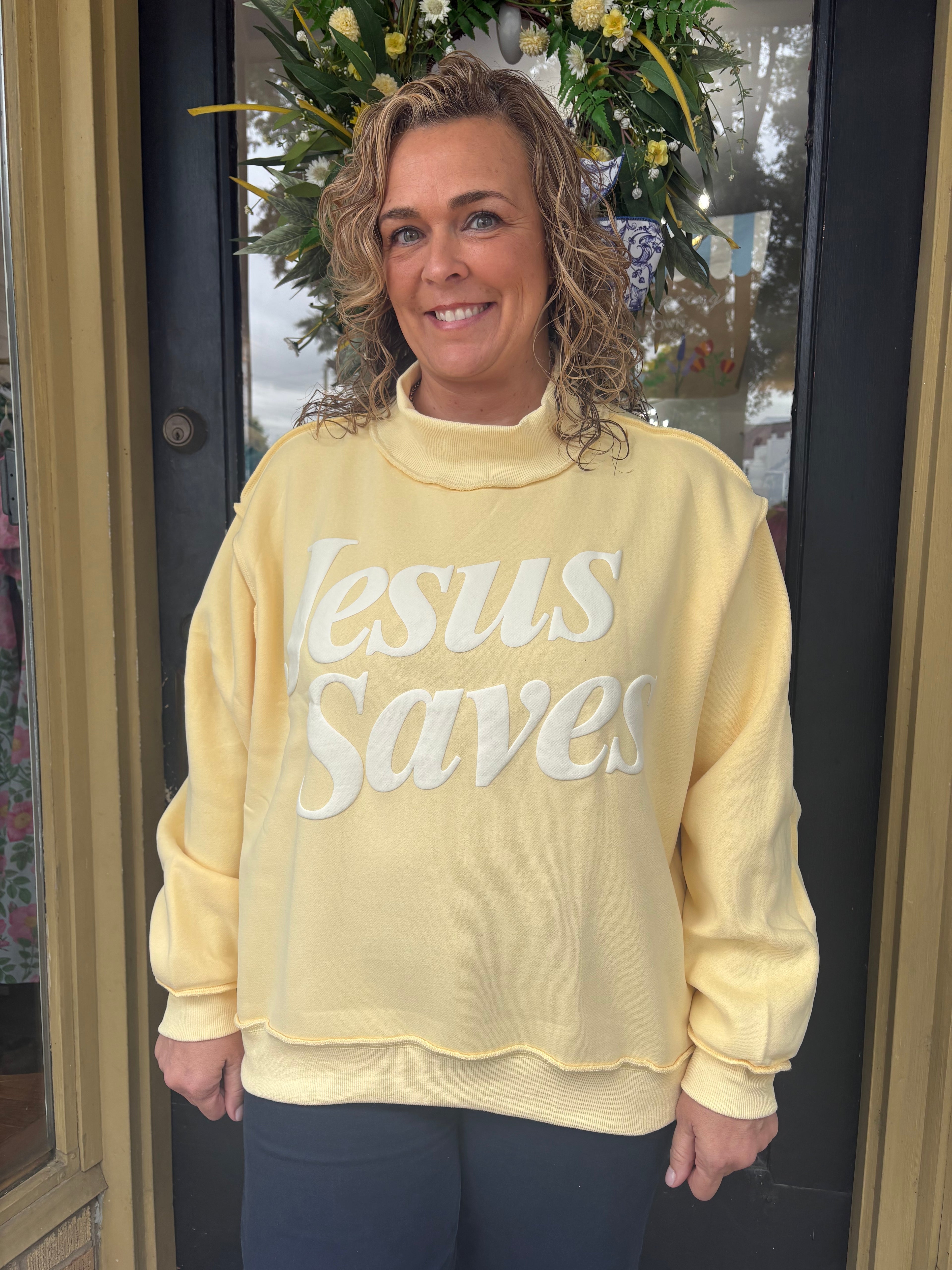 Yellow Jesus Saves Mock Neck Sweatshirt