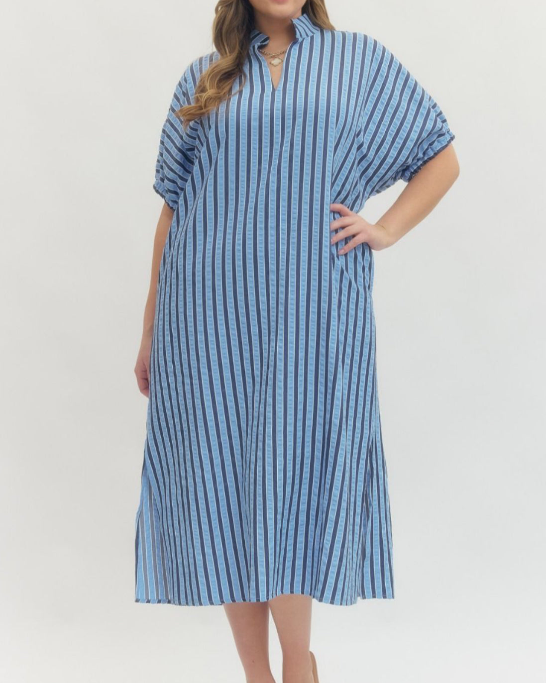 Plus Navy Striped Midi Dress