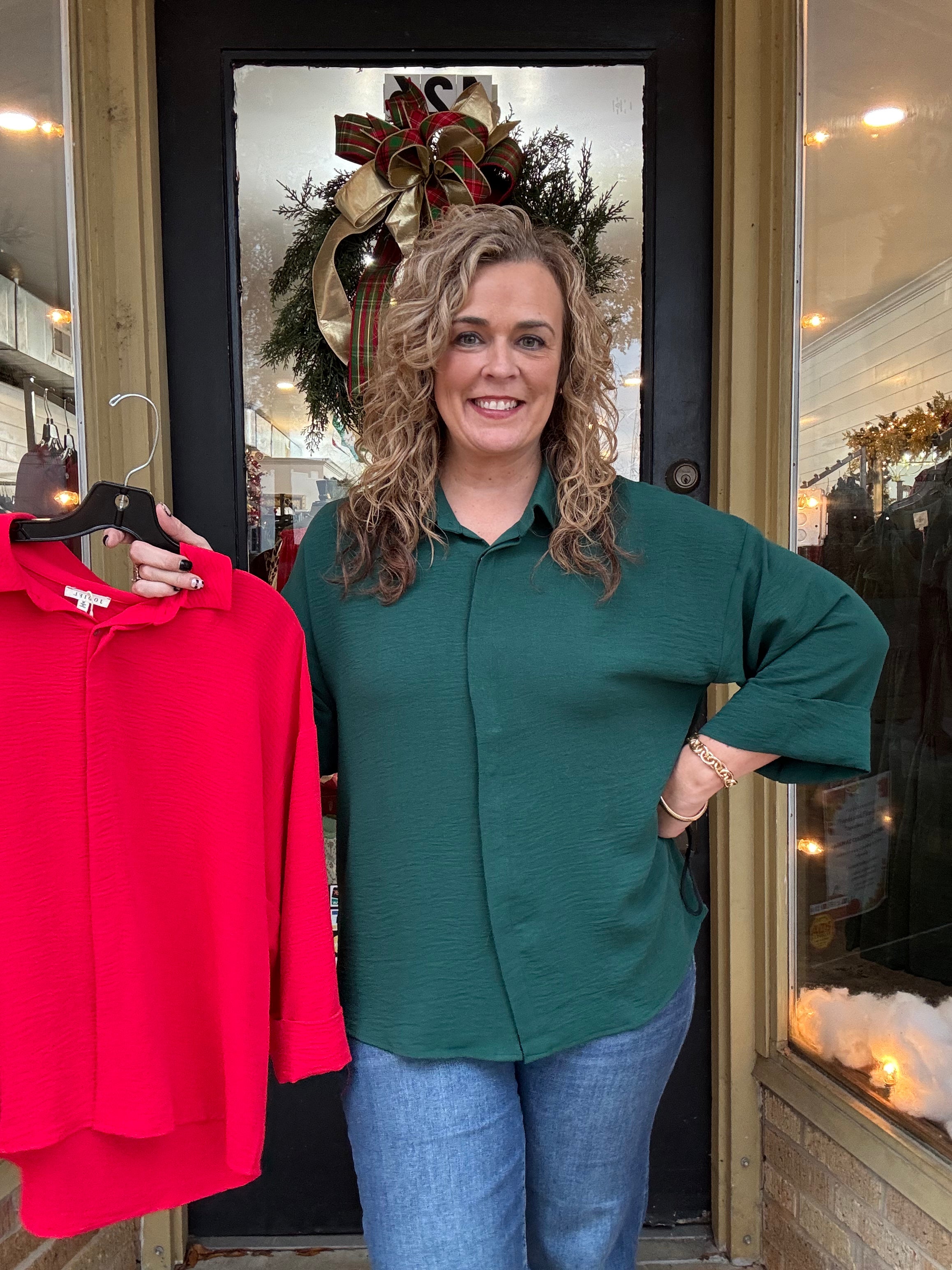 Hunter Green Fold Cuff Button Down Top