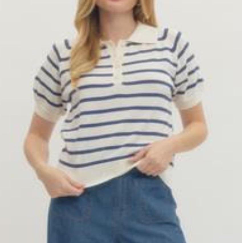 Ivory/ Navy Stripe Polo Top