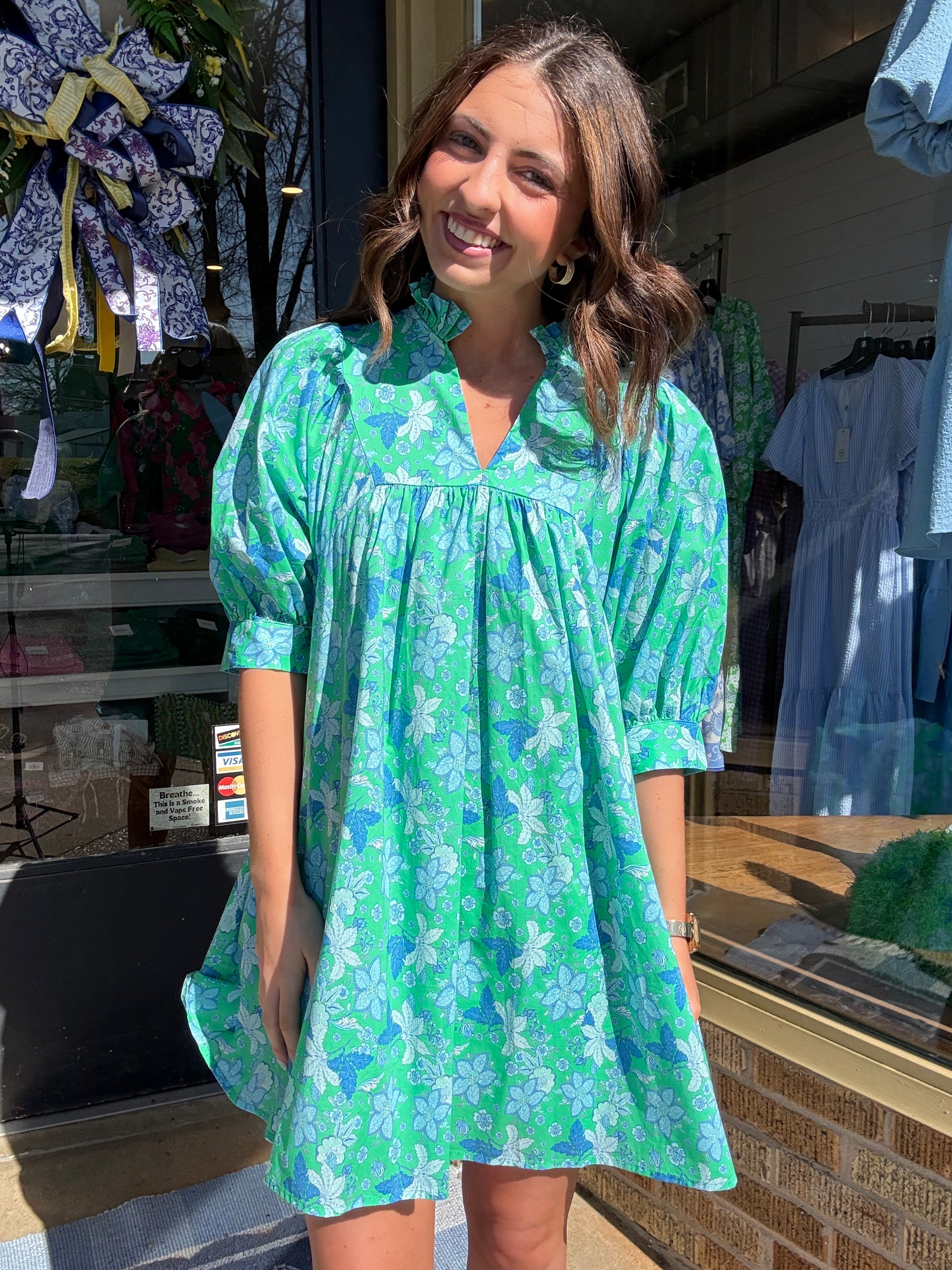 Green/Blue Floral Babydoll Dress