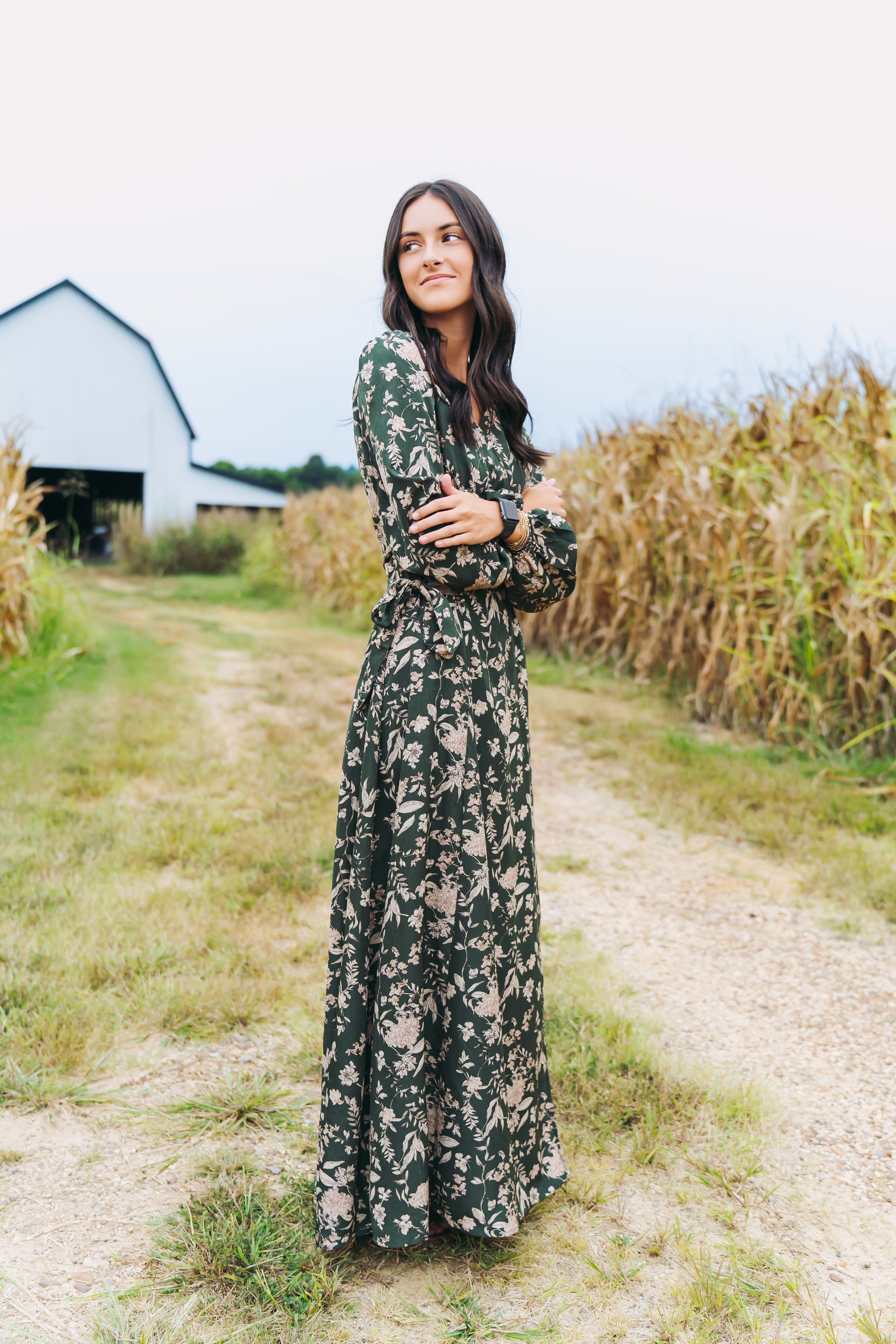 Hunter Green Floral Wrap Maxi Dress