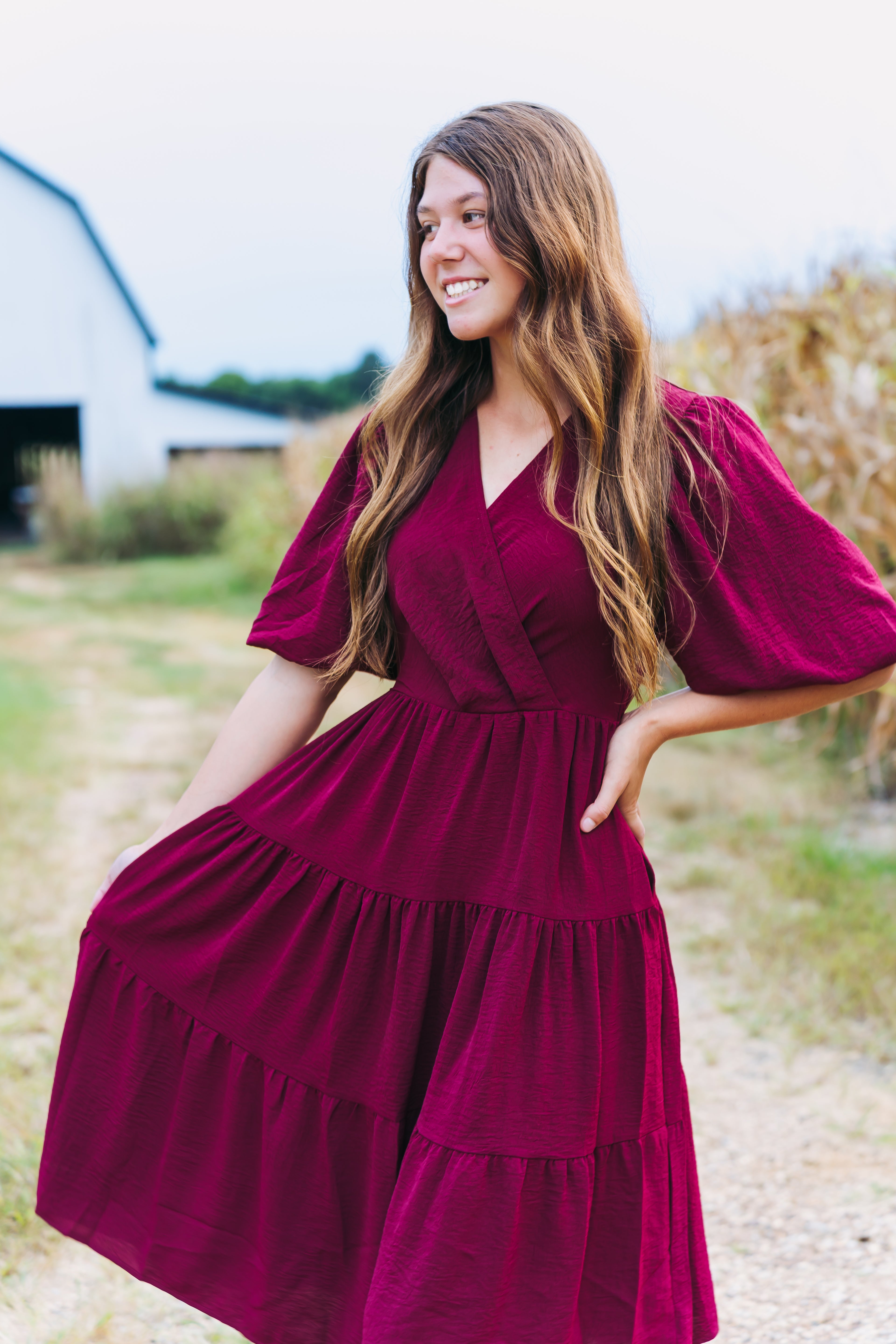 Wine Tiered Wrap Midi Dress