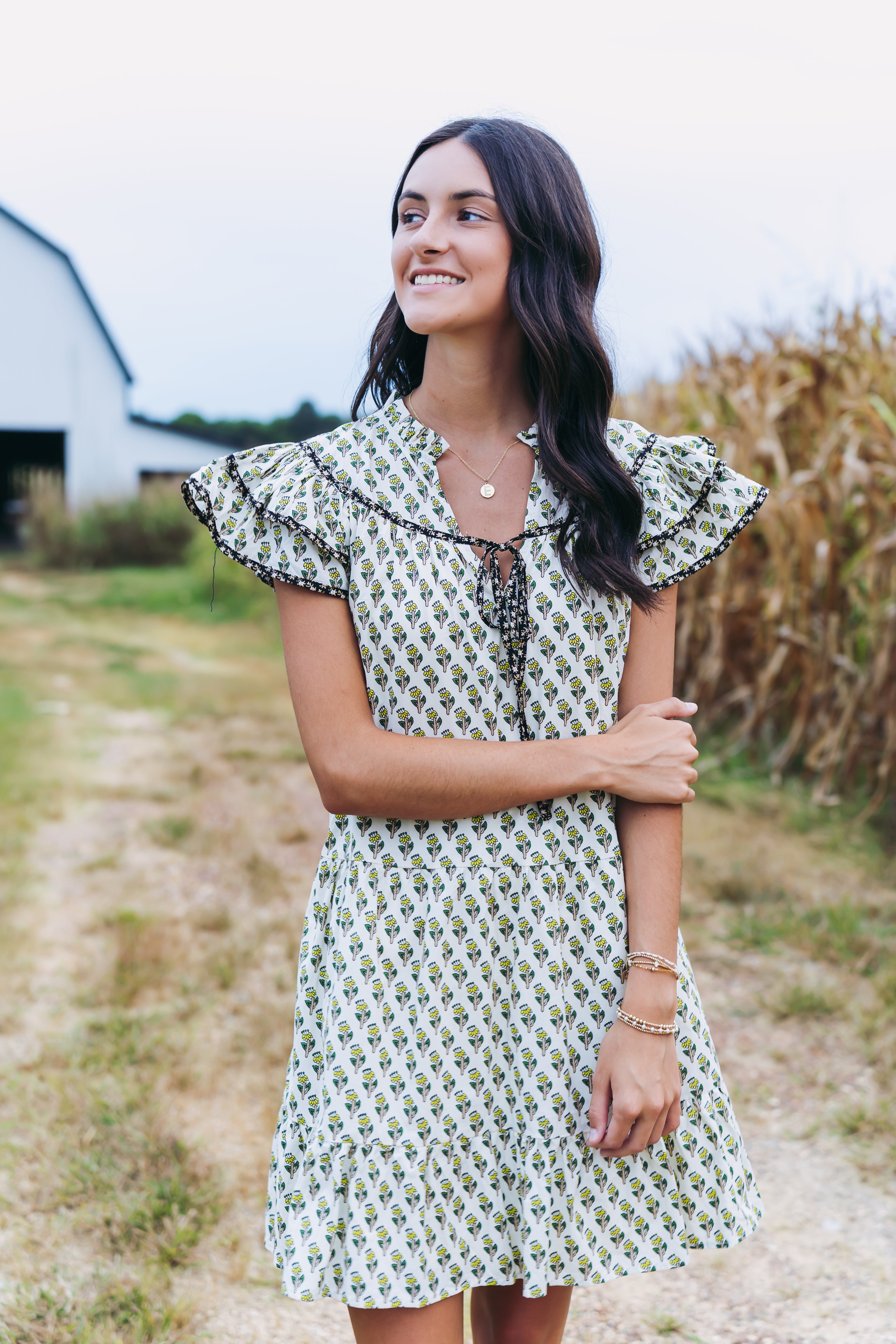 Green + Cream Ruffle Sleeve Floral Dress