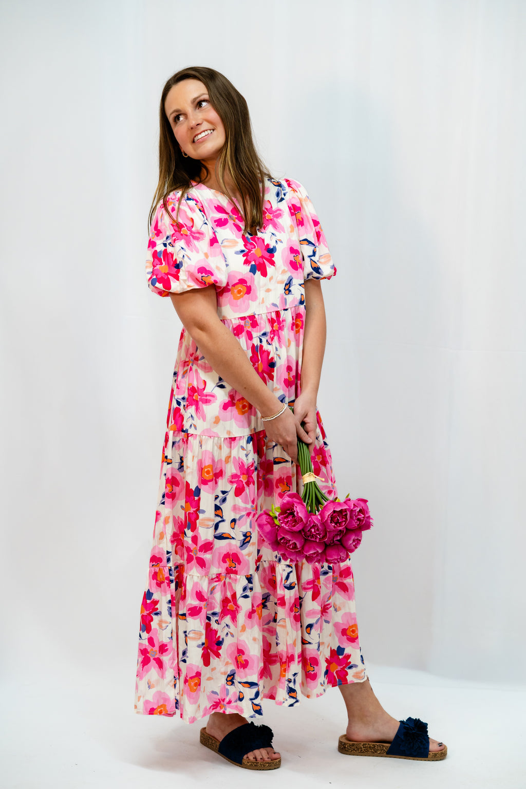 Pink Floral Pleated Midi Dress