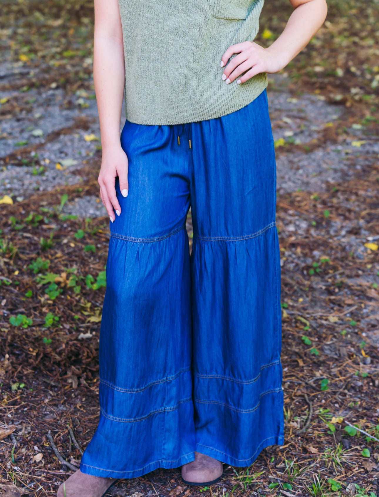 Dark Chambray Denim Tiered Pants