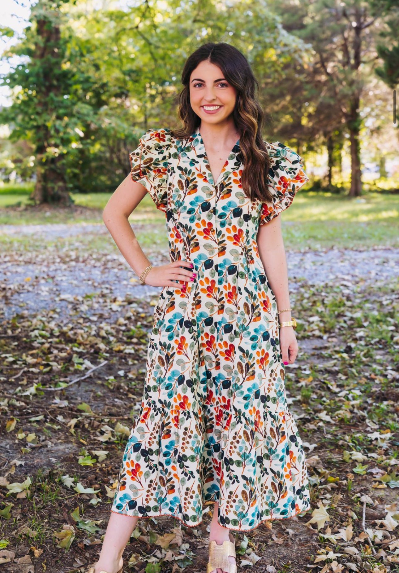 Bontanical Print Pleated Midi Dress