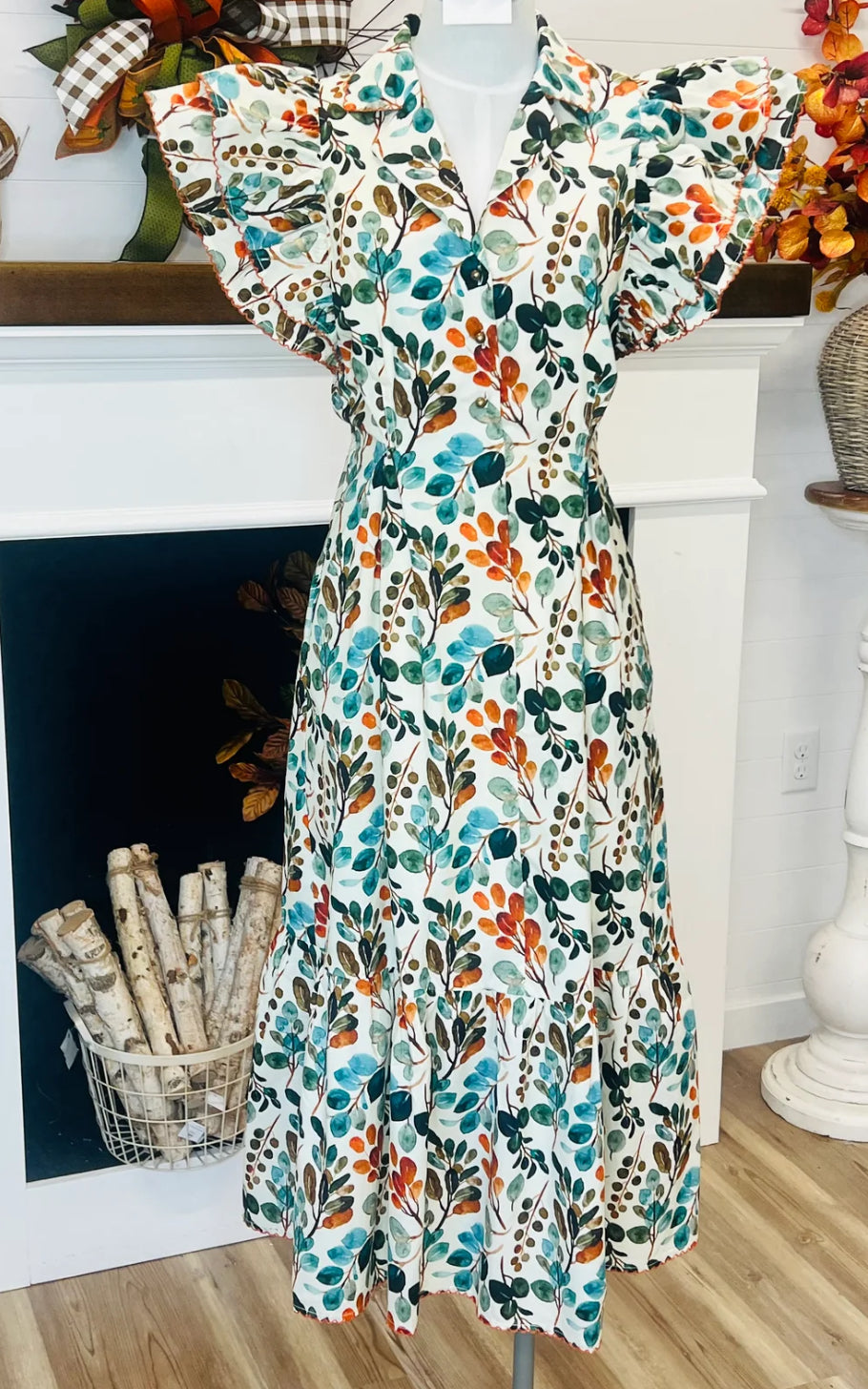 Bontanical Print Pleated Midi Dress