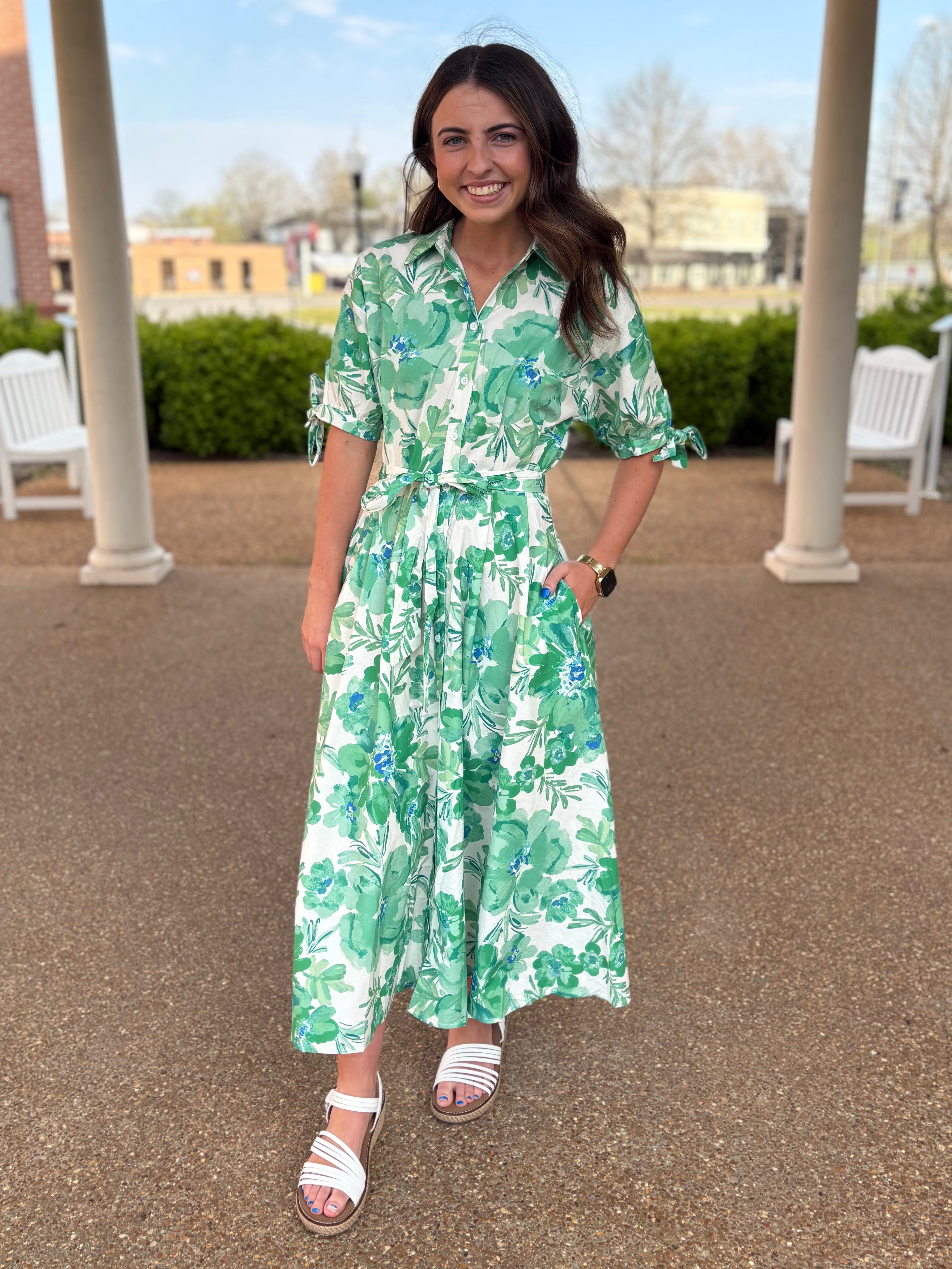 Green/Ivory Printed Midi Dress