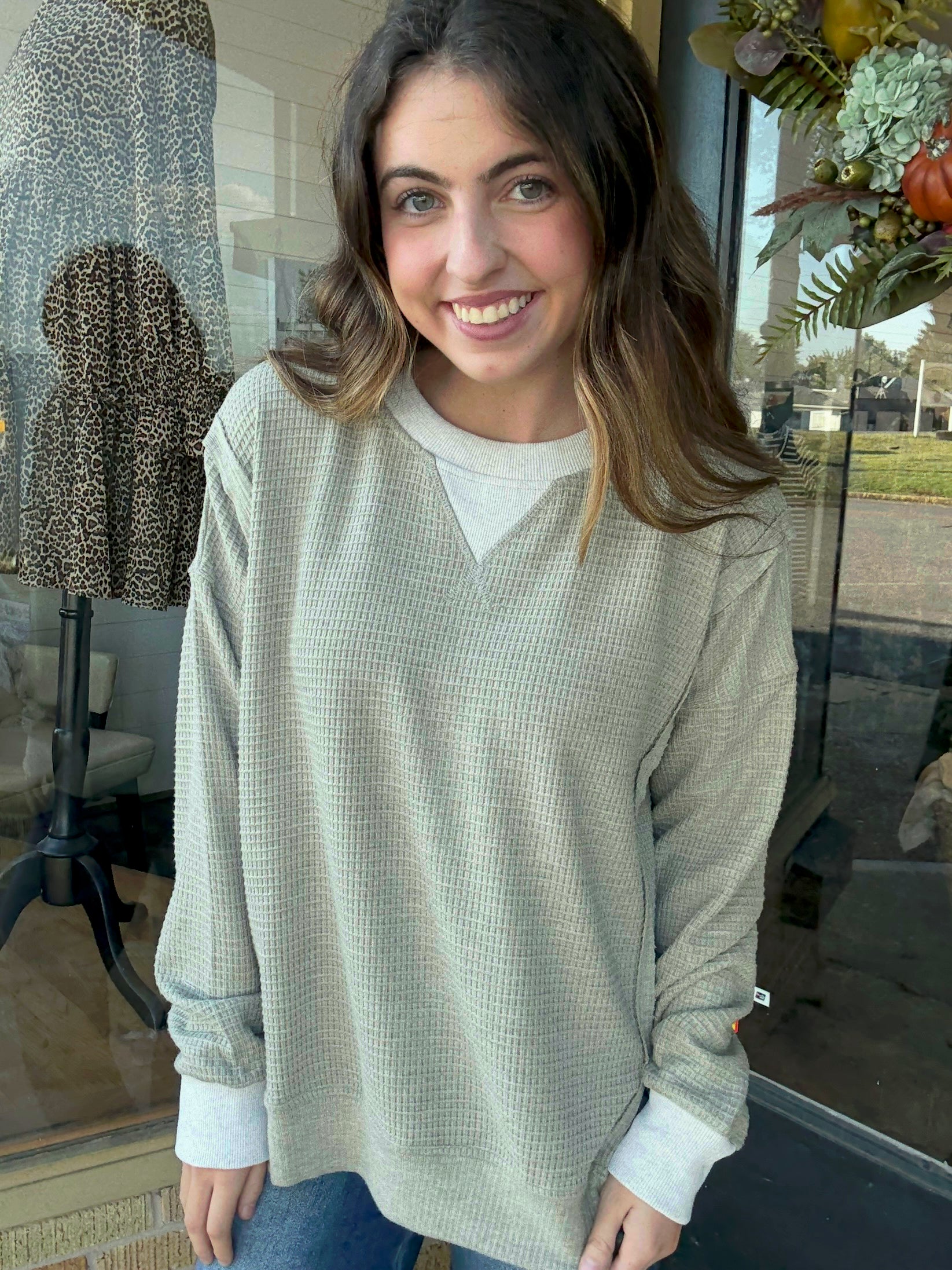 Olive Thermal Oversized Crewneck