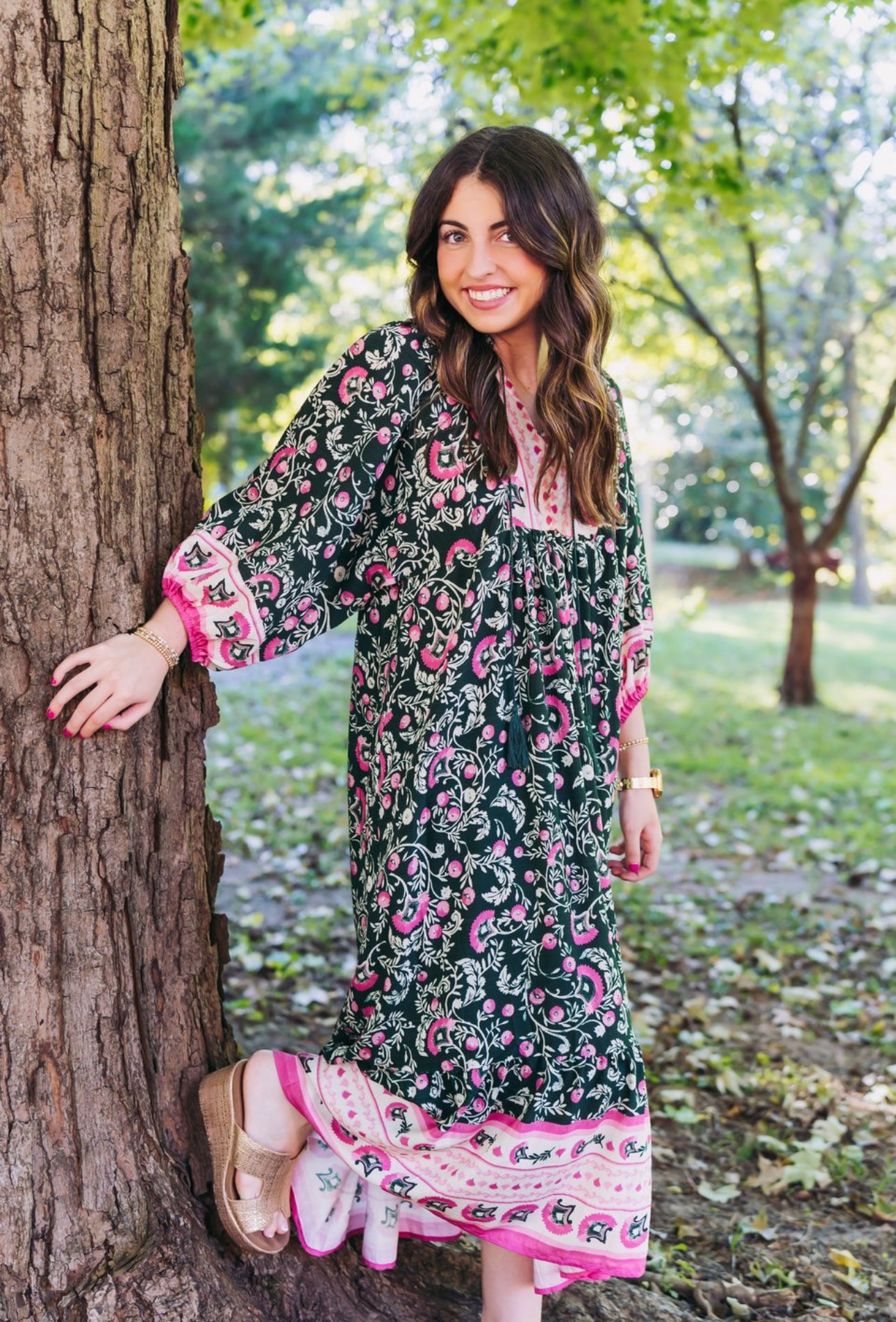 Green/Pink Mix Midi Dress