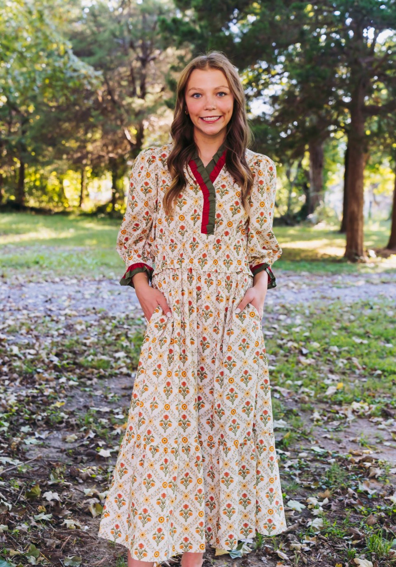 Ecru Floral Print Midi Dress