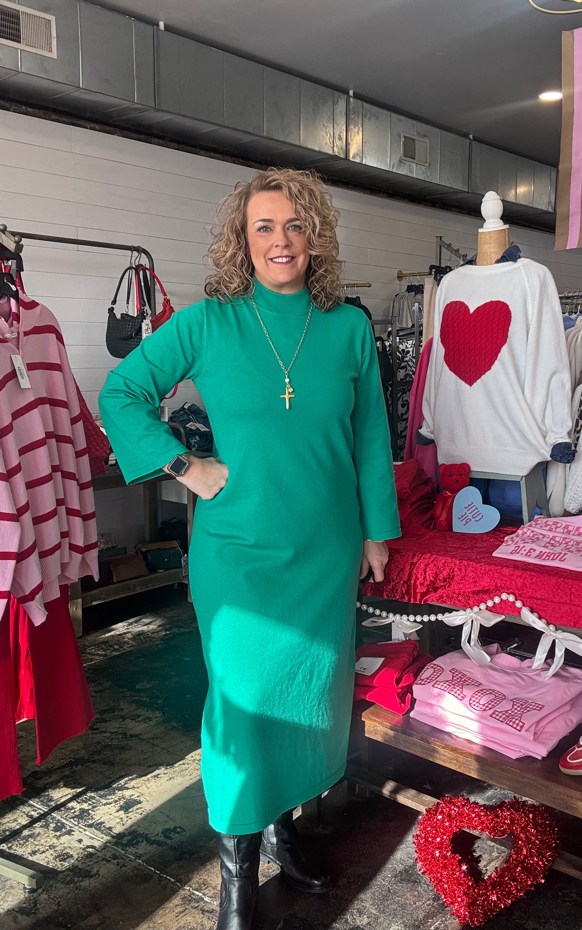 Green Mock Neck Maxi Dress