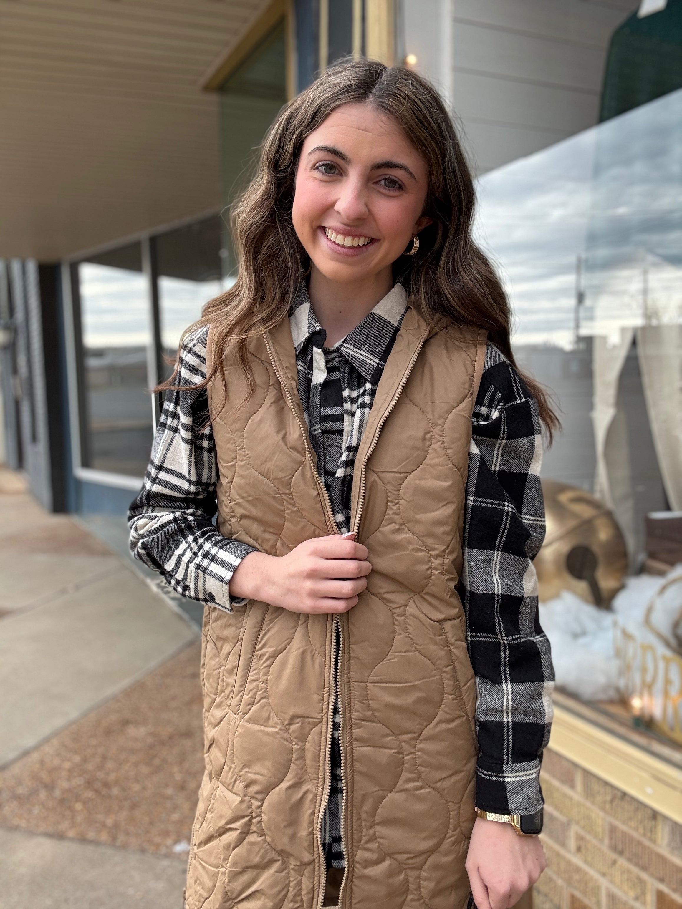 Taupe Long Quilted Vest