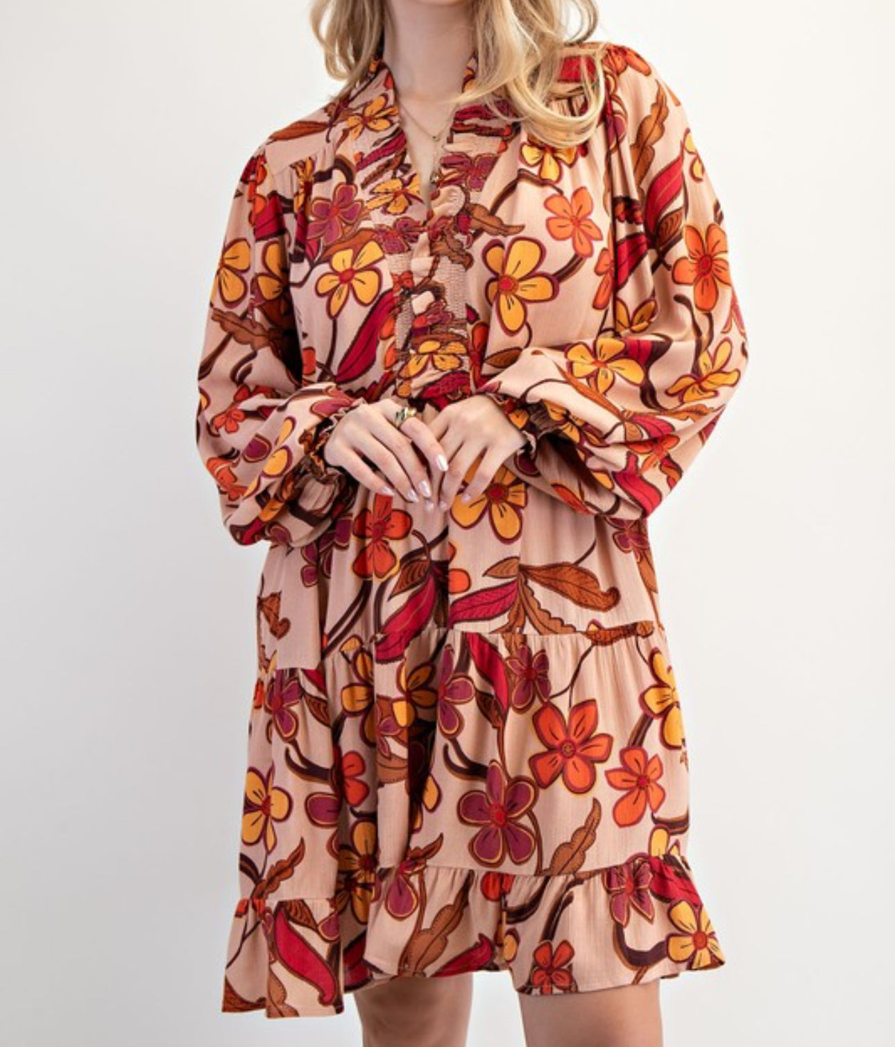 Khaki Floral Tiered Dress