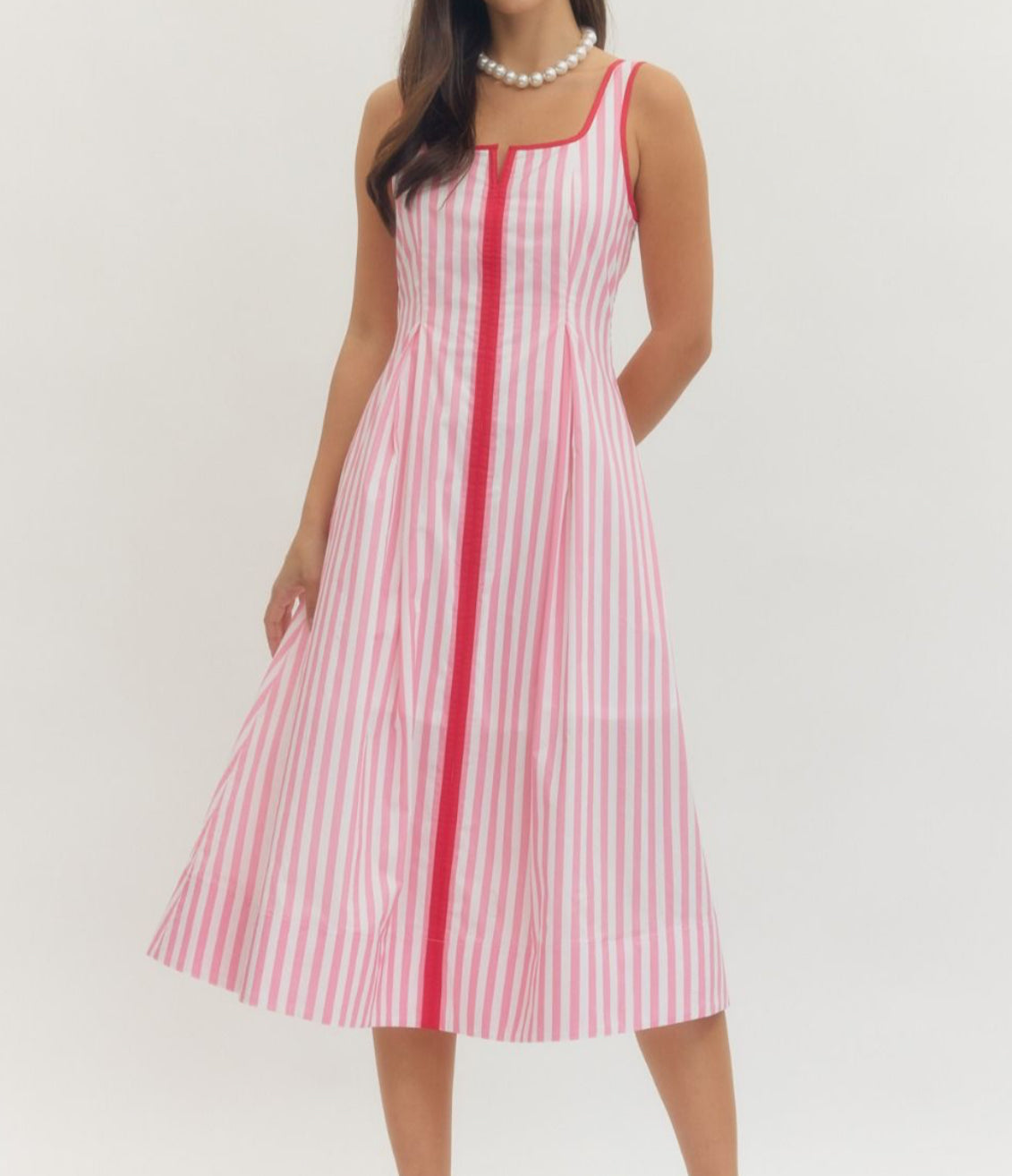 Pink Striped Sleeveless Midi Dress