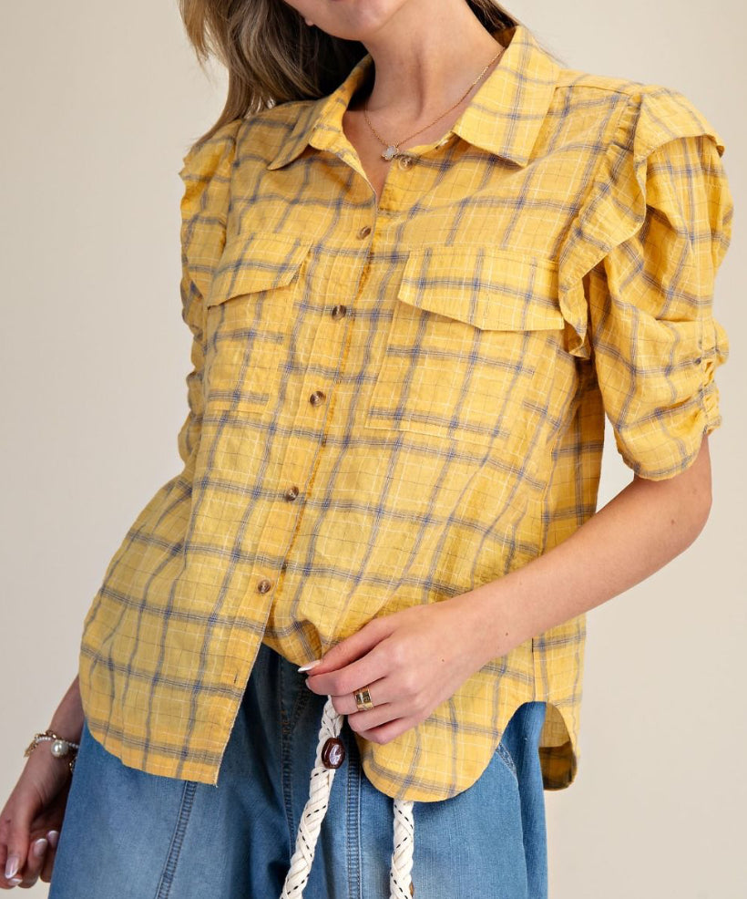 Easel Gold Plaid Button Down