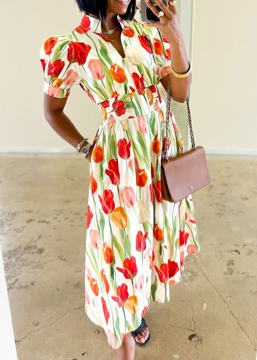 Cream Tulip Front Zipper Midi Dress