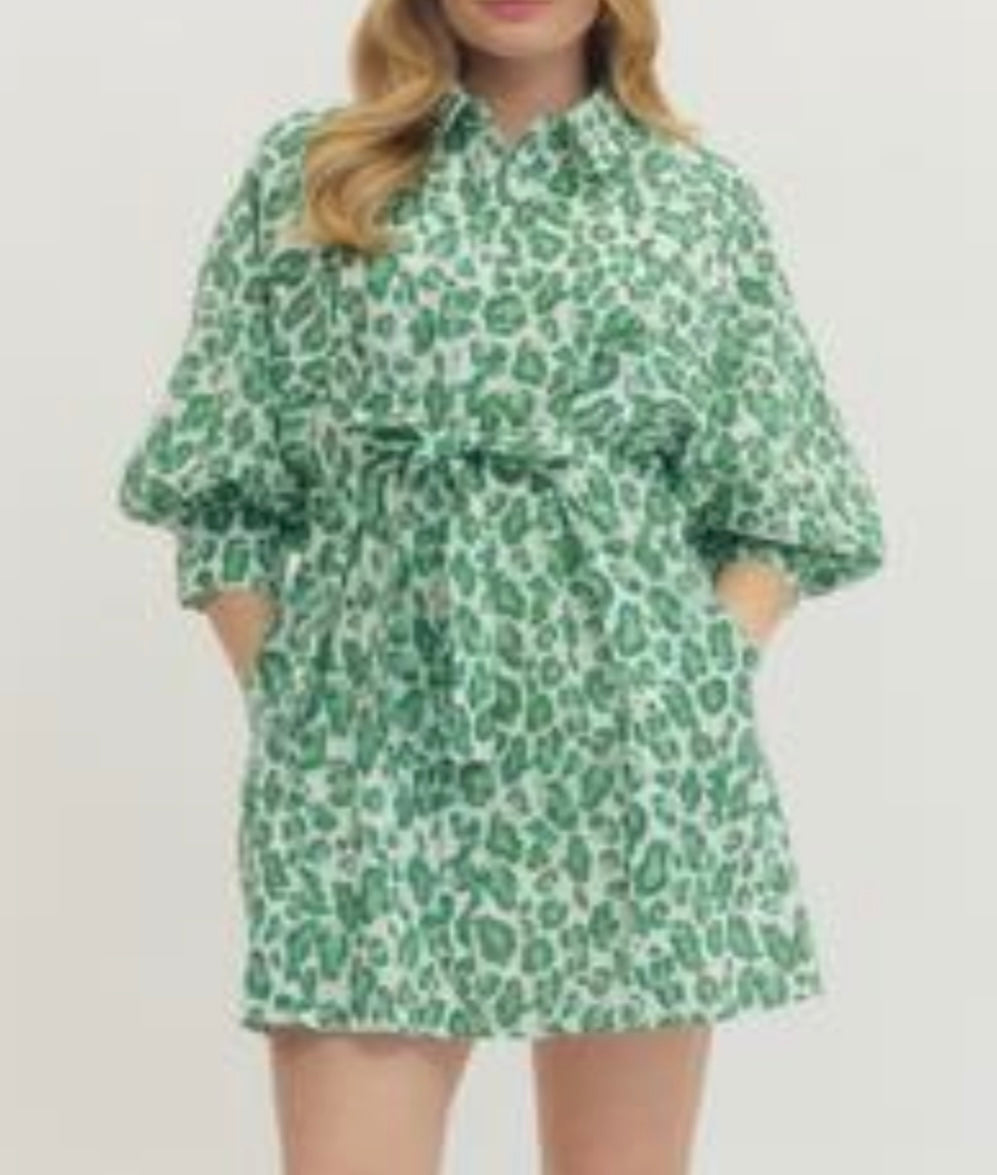Green Leopard Waist Tie Dress