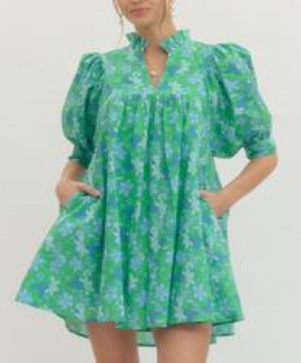 Green/Blue Floral Babydoll Dress