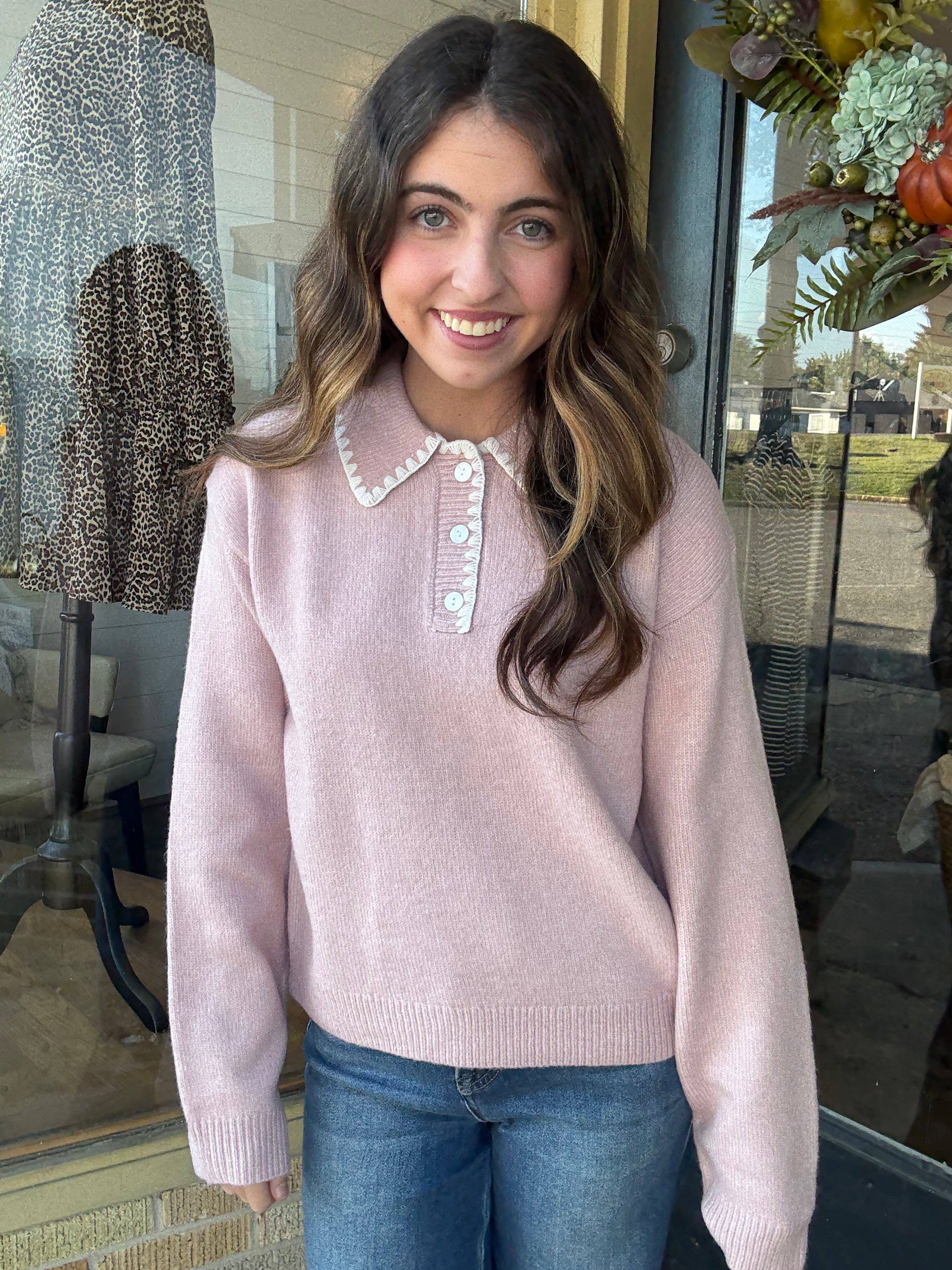 Pink Embroidered Polo Sweater