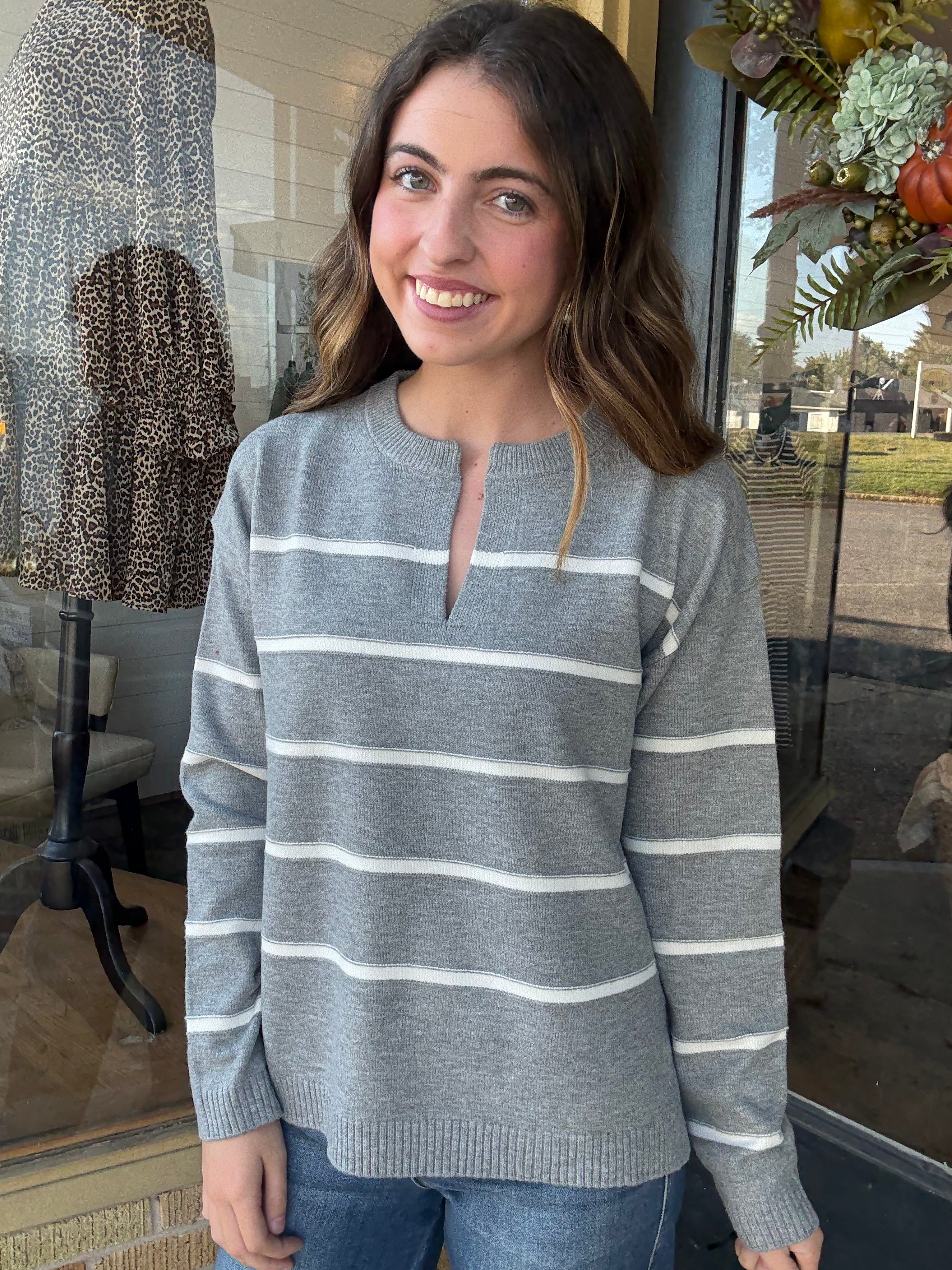 Grey/White Striped V-Neck Sweater