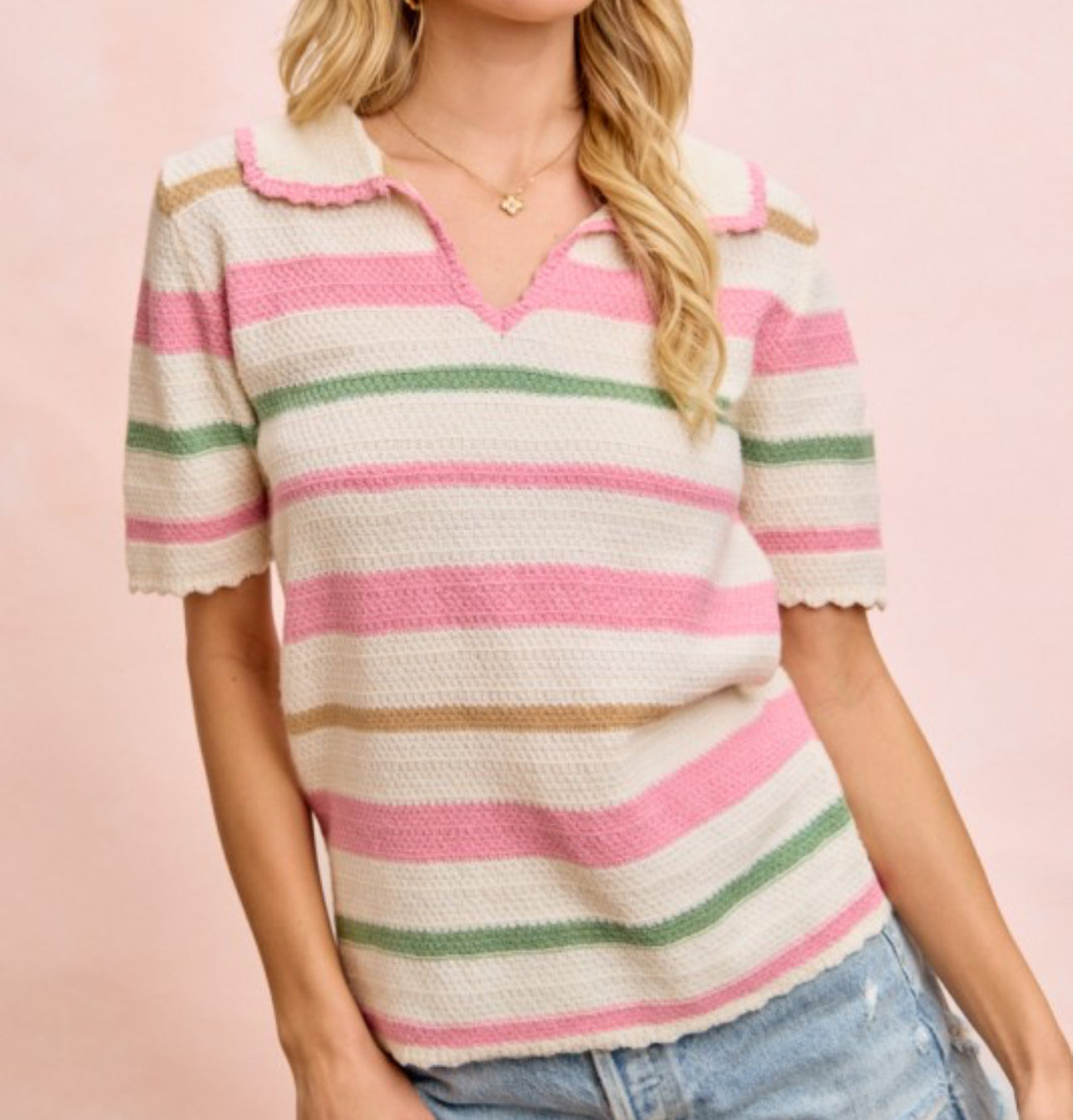 Cream/Pink Striped Knit Top
