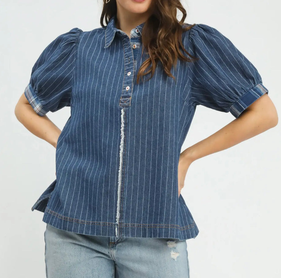 Denim Striped Button Top