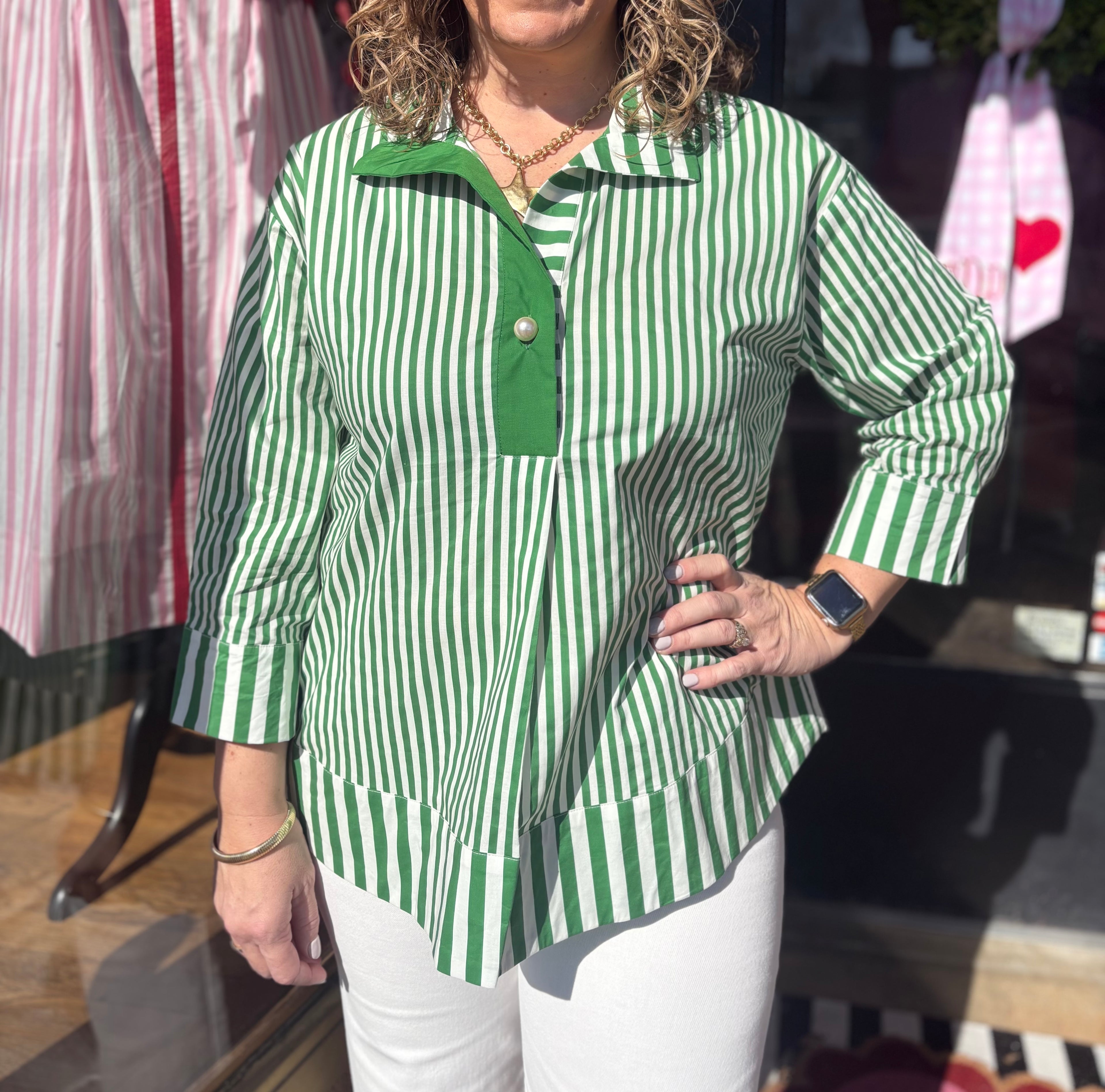 Green Contrast Stripe Blouse