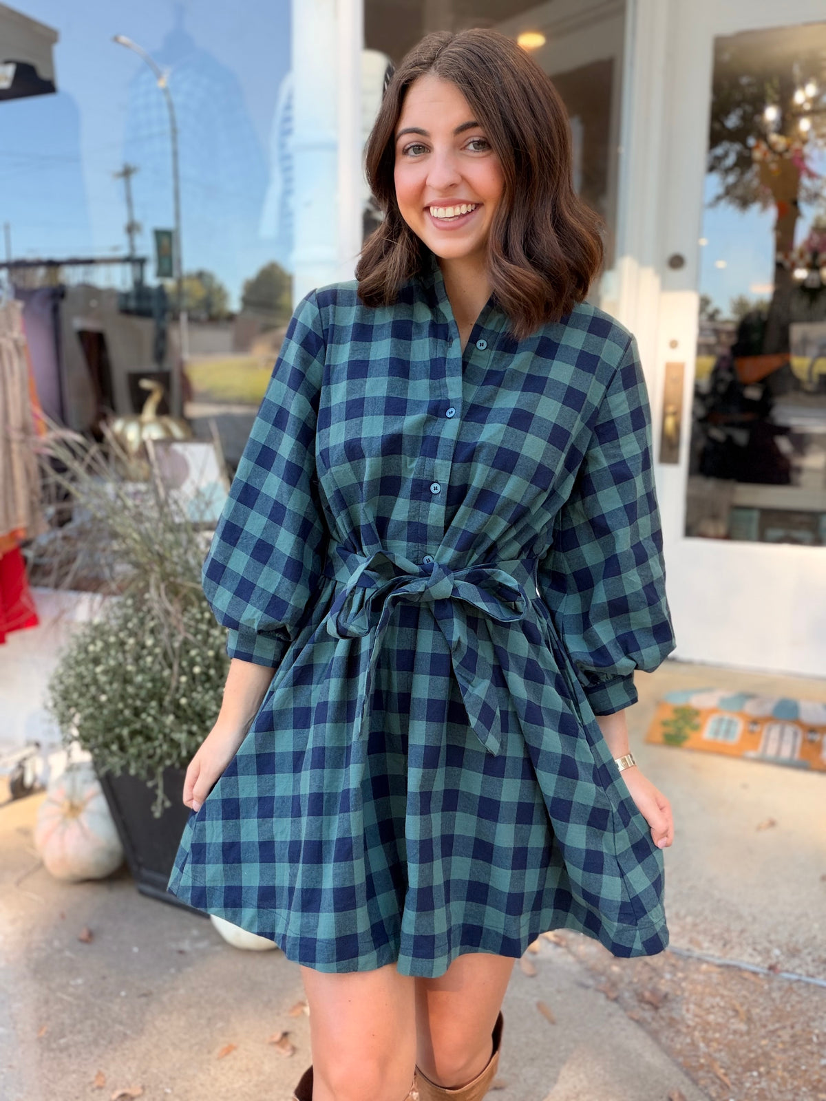 Evergreen Grove Dress- Green/Navy