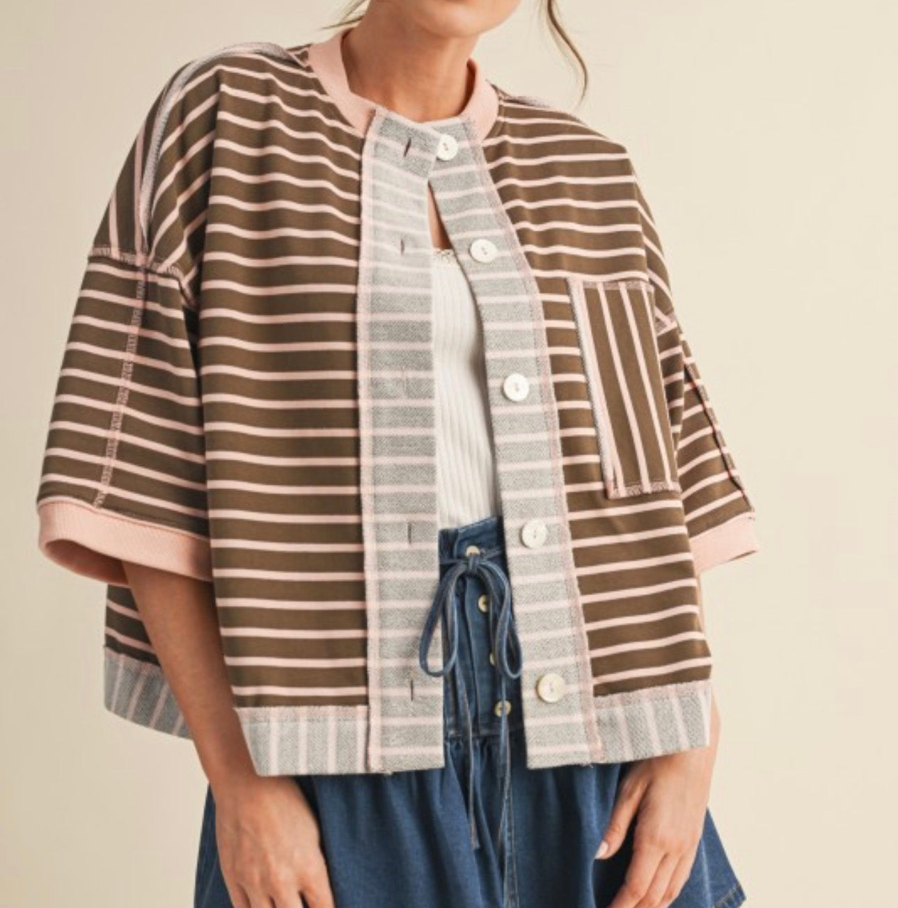 Brown/Blush Stripe Half Sleeve Top