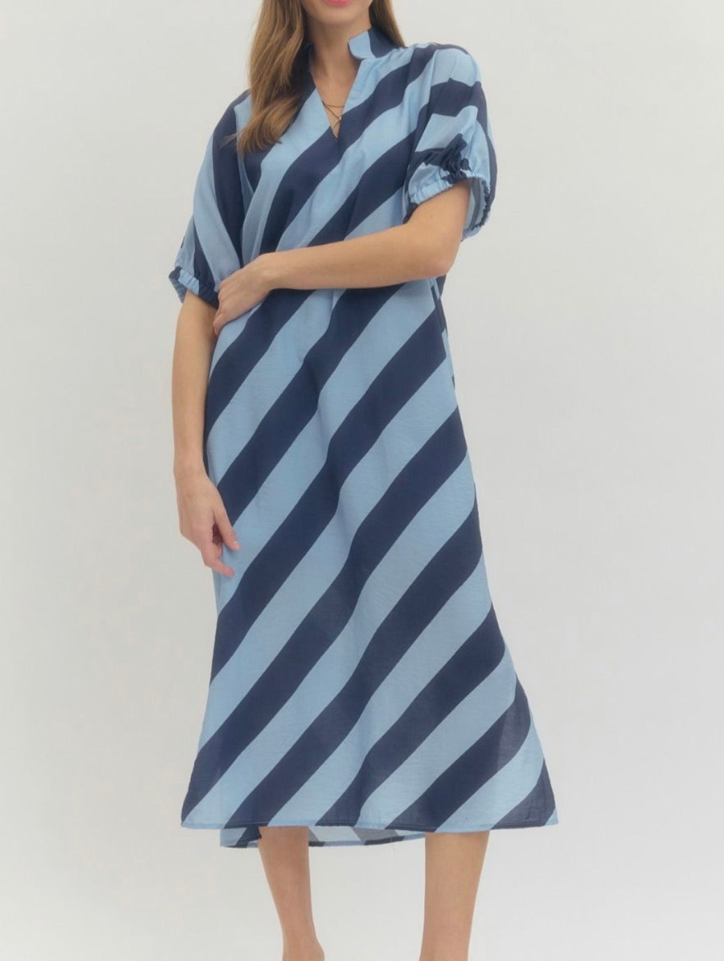 Navy/Baby Blue Striped Midi Dress