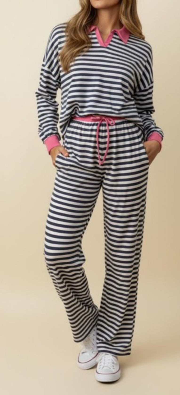 Navy/Pink Stripe Set Pants-Pants Only