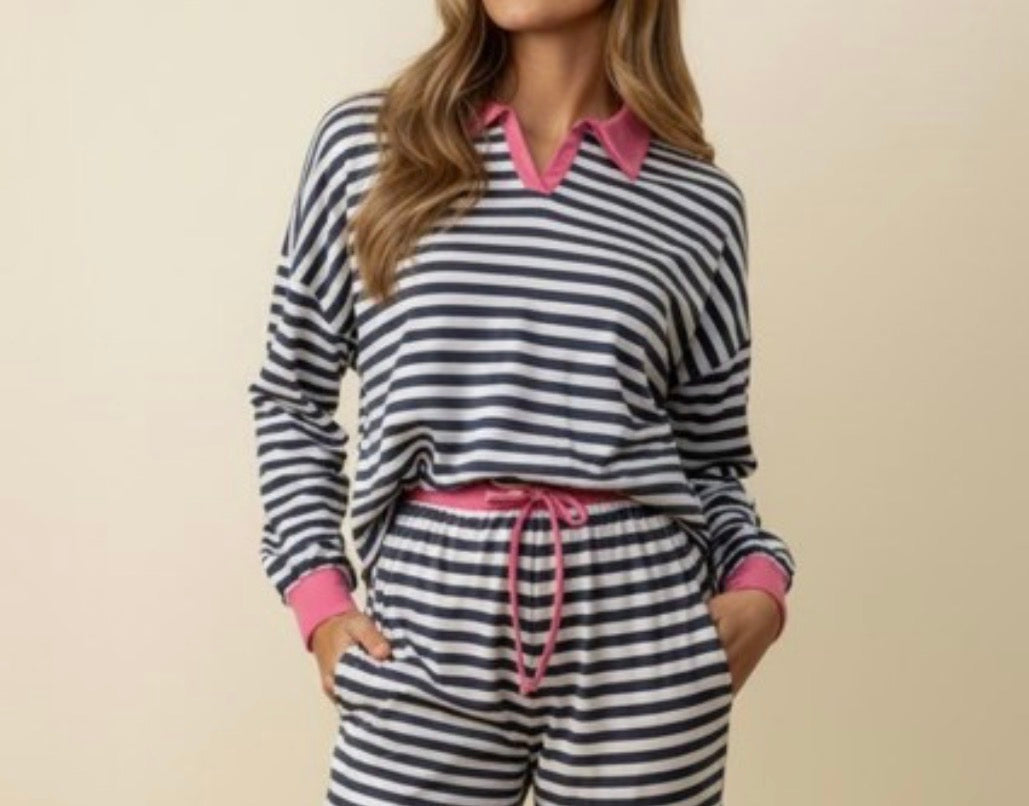Navy/Pink Stripe Set Top-Top Only