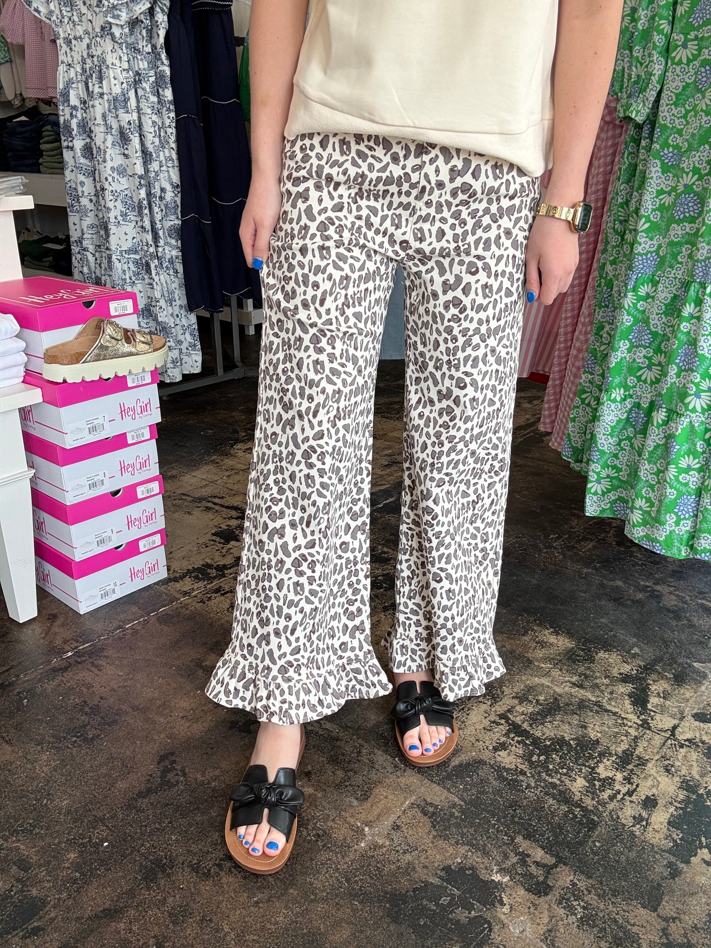 Ecru Leopard Ruffle Pants