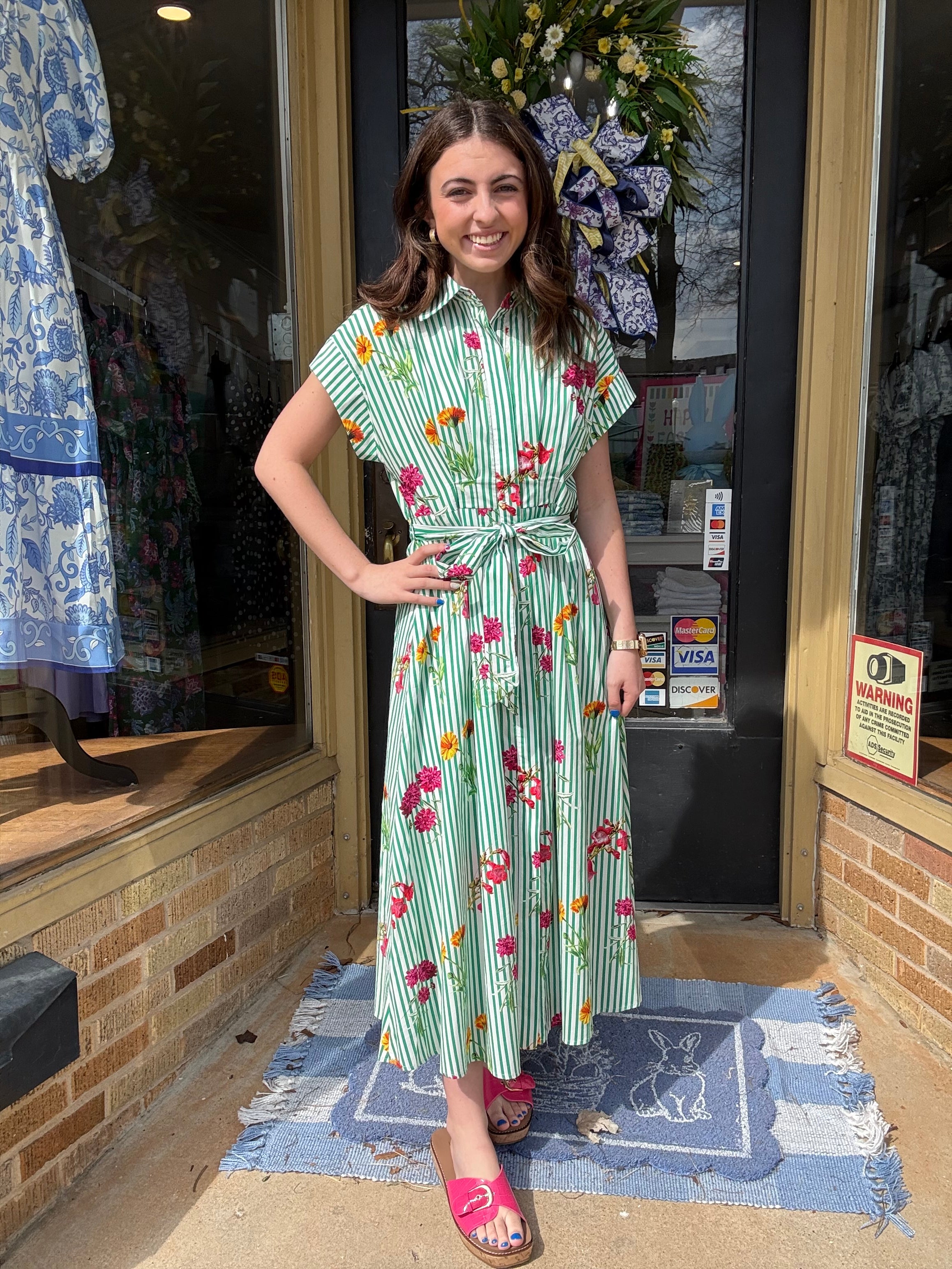 Green Floral Waist Tie Midi Dress