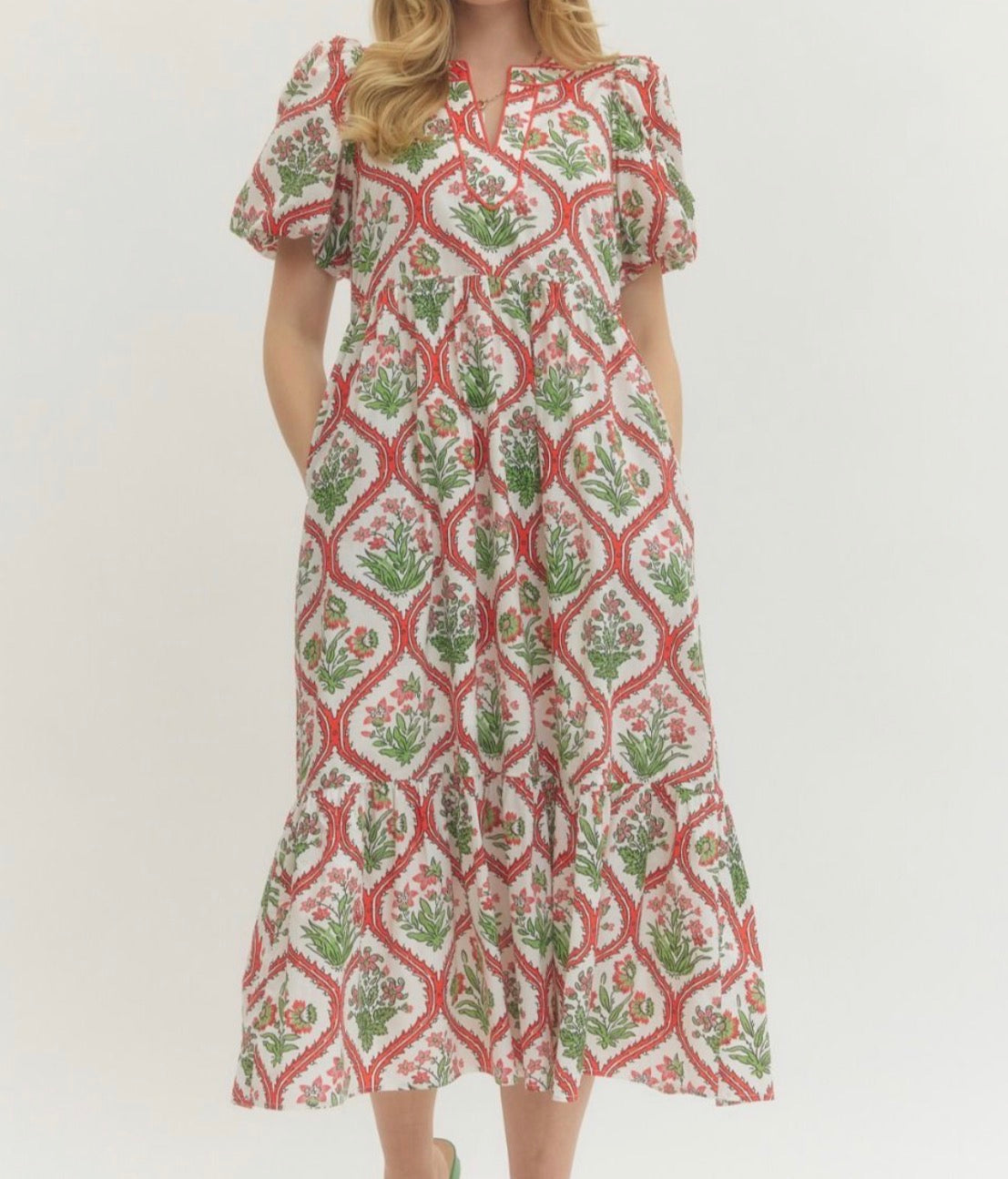 Red Botanical Print Midi Dress
