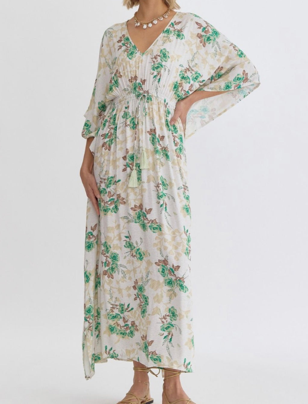 Green Floral Print Flowy Maxi Dress