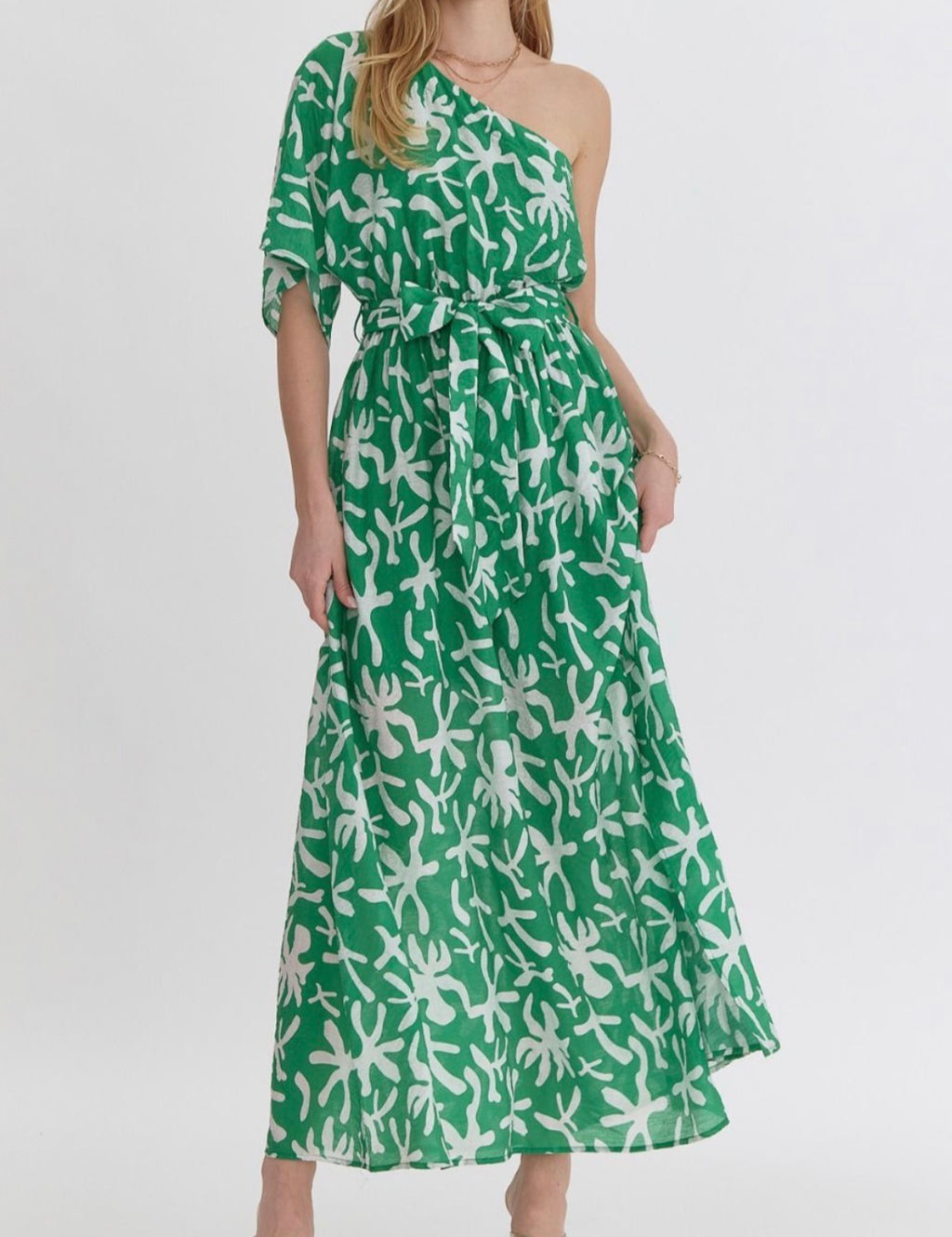Green Printed One Shoulder Midi Dress