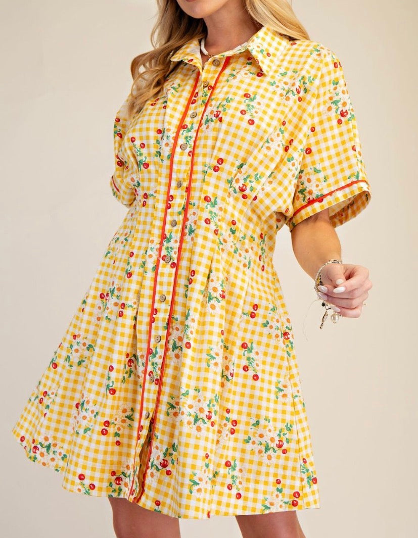 Yellow Cherry Gingham Dress