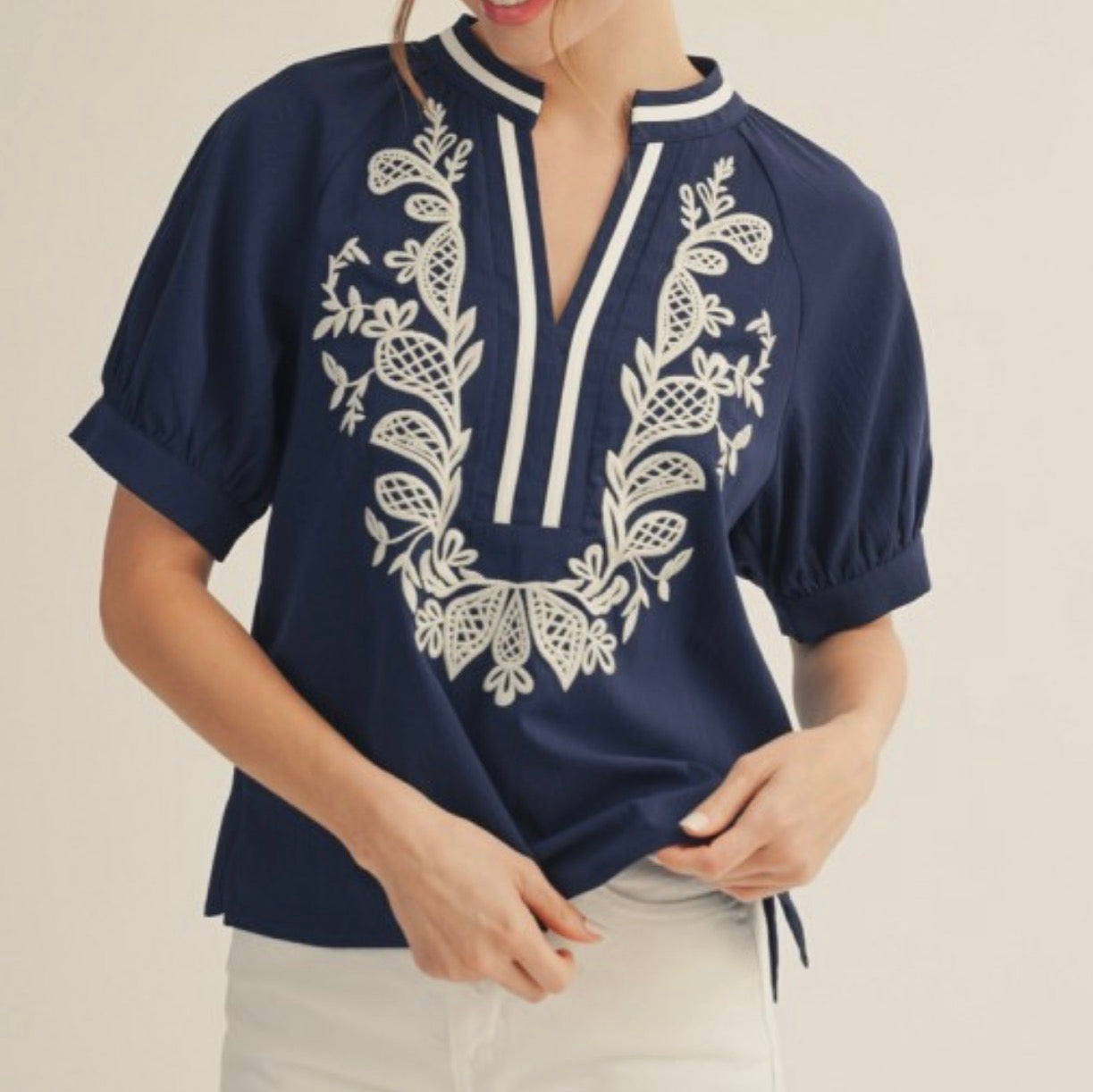 Navy Accent Embroidered Top