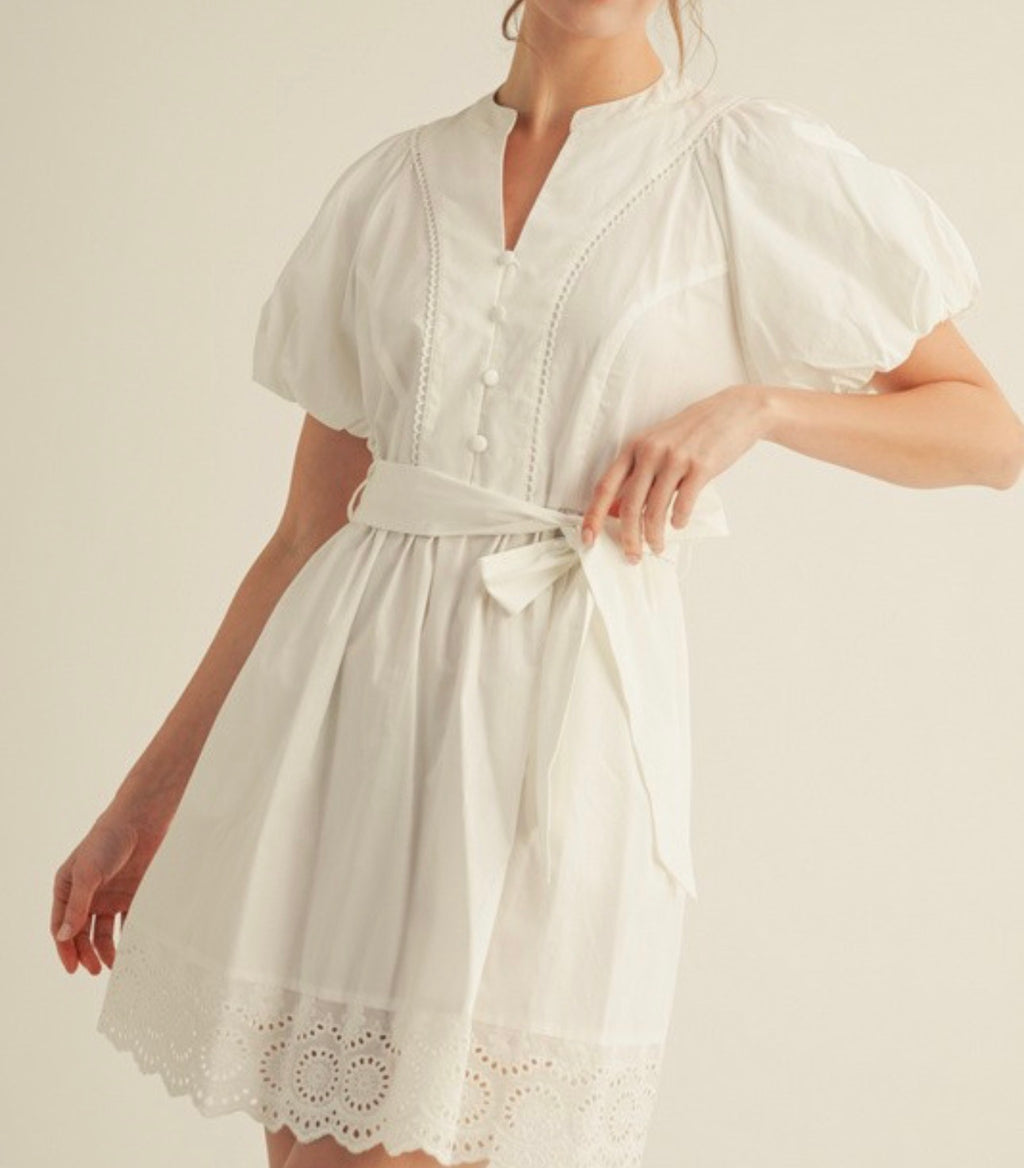 White Poplin Puff Sleeve Dress