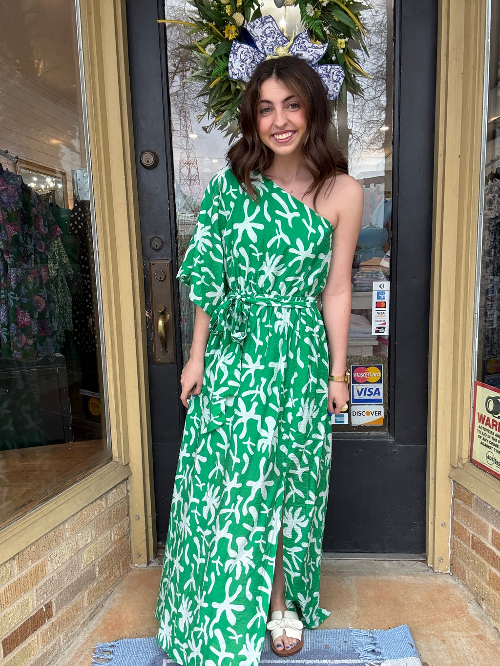 Green Printed One Shoulder Midi Dress