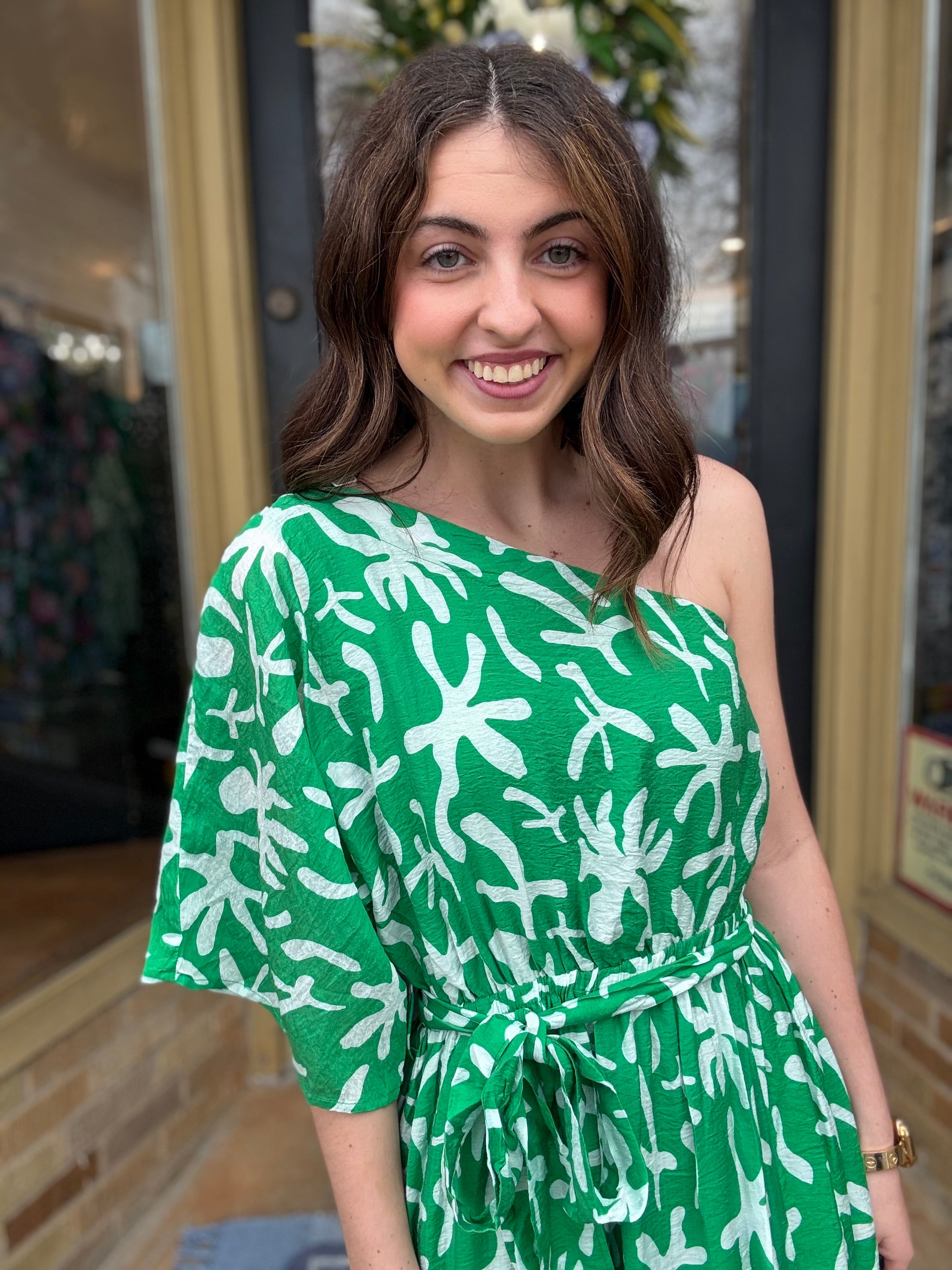 Green Printed One Shoulder Midi Dress