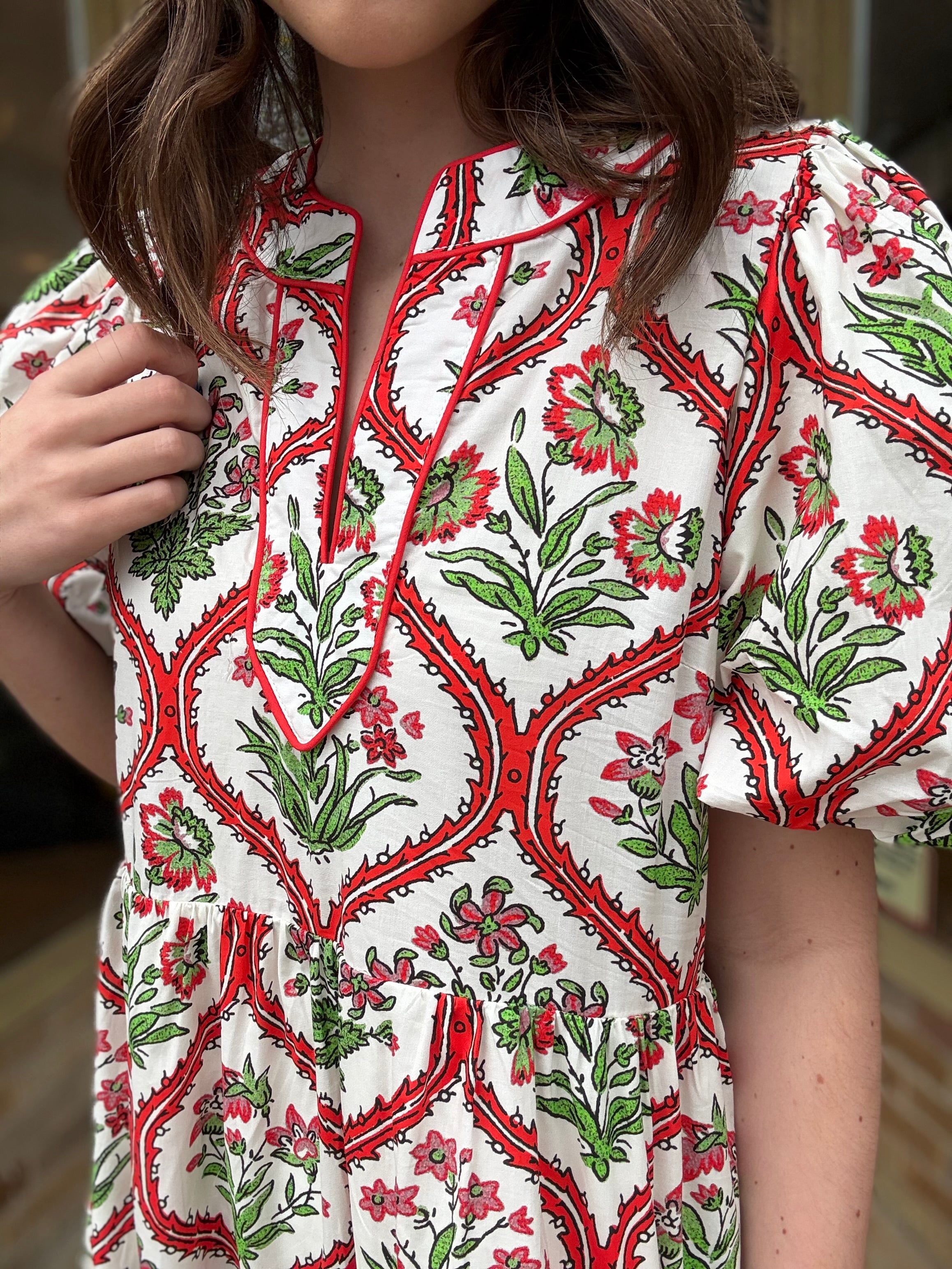 Red Botanical Print Midi Dress