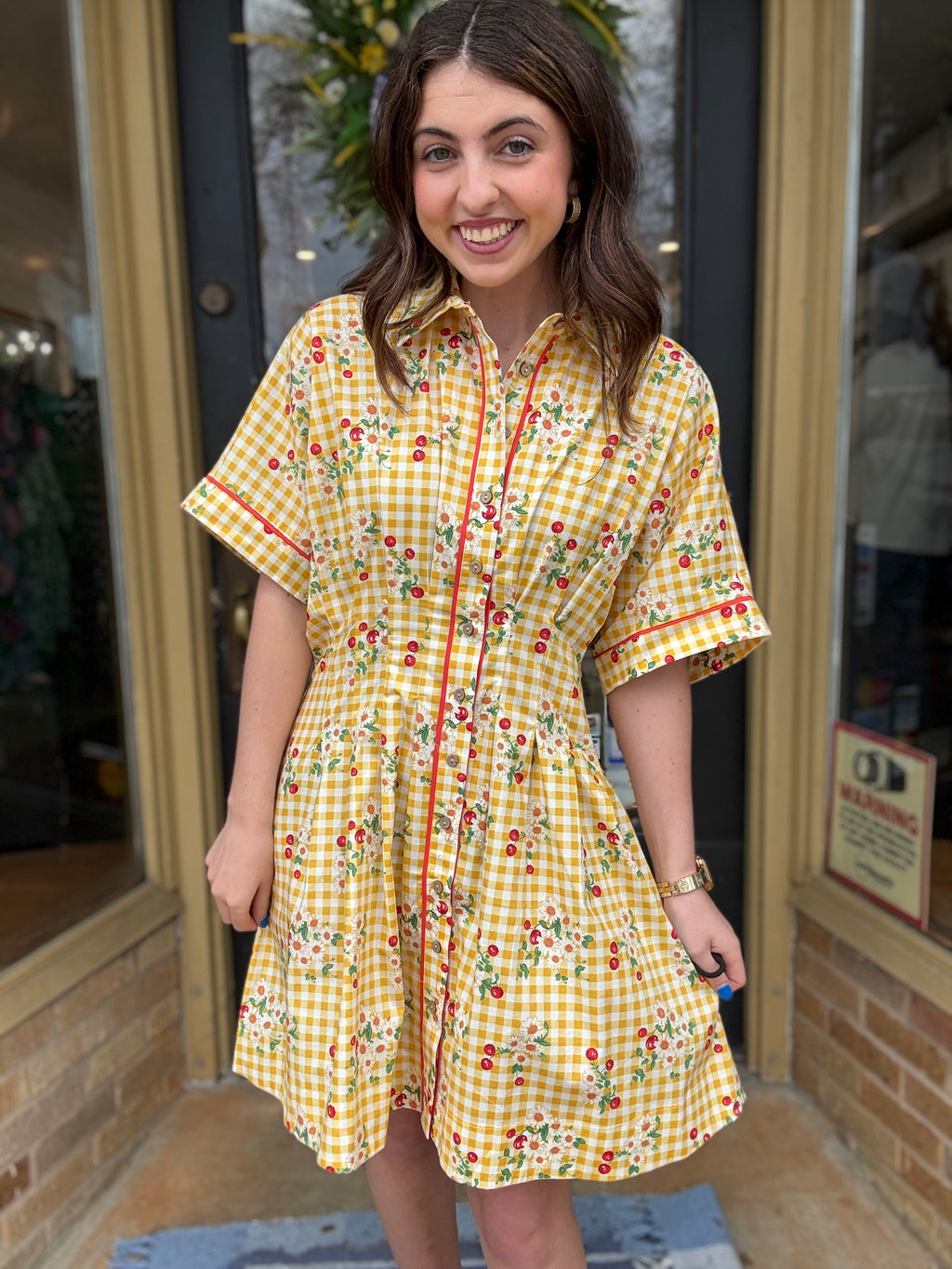 Yellow Cherry Gingham Dress